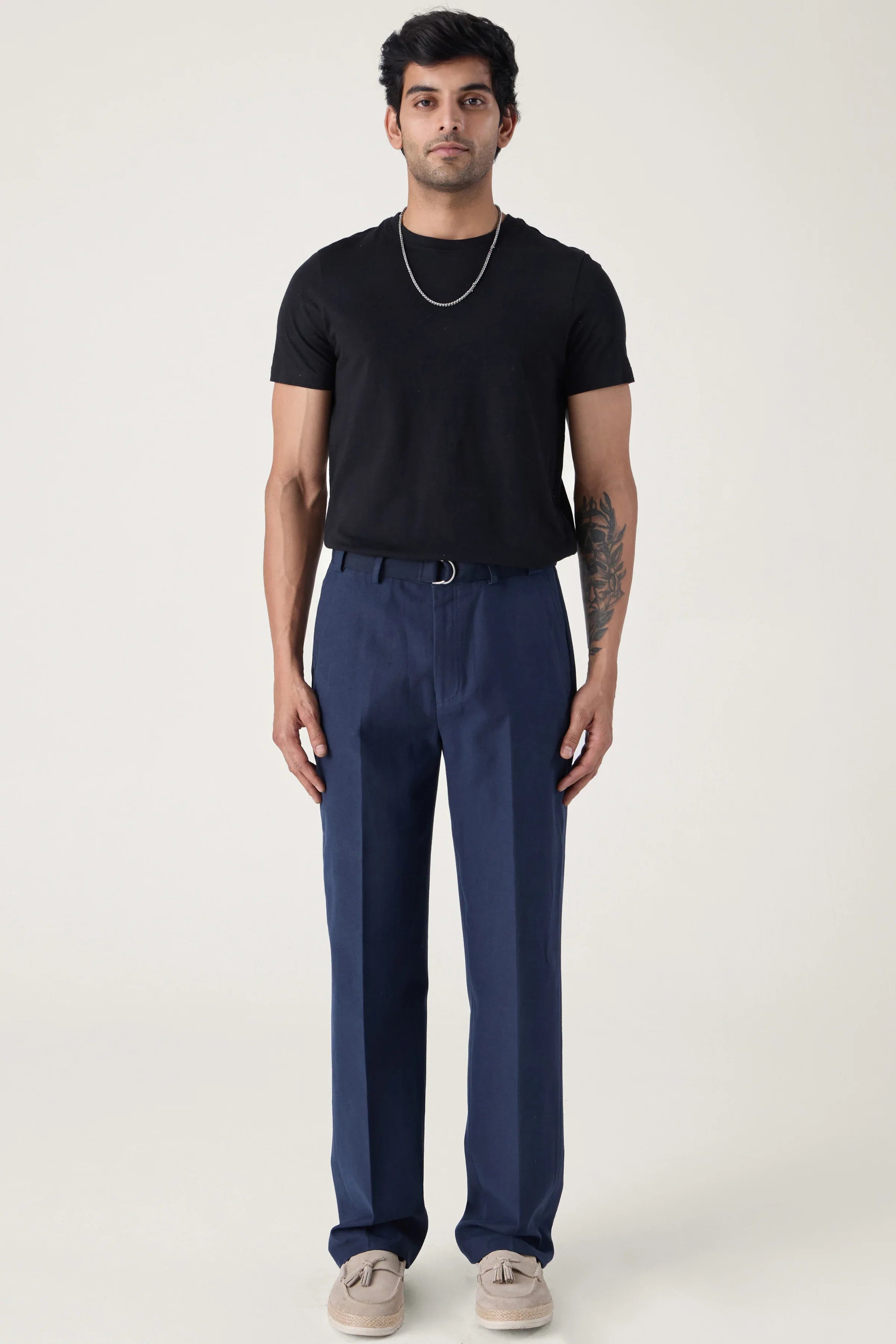 SELF FABRIC BELT TROUSERS NAVY - CRAIG