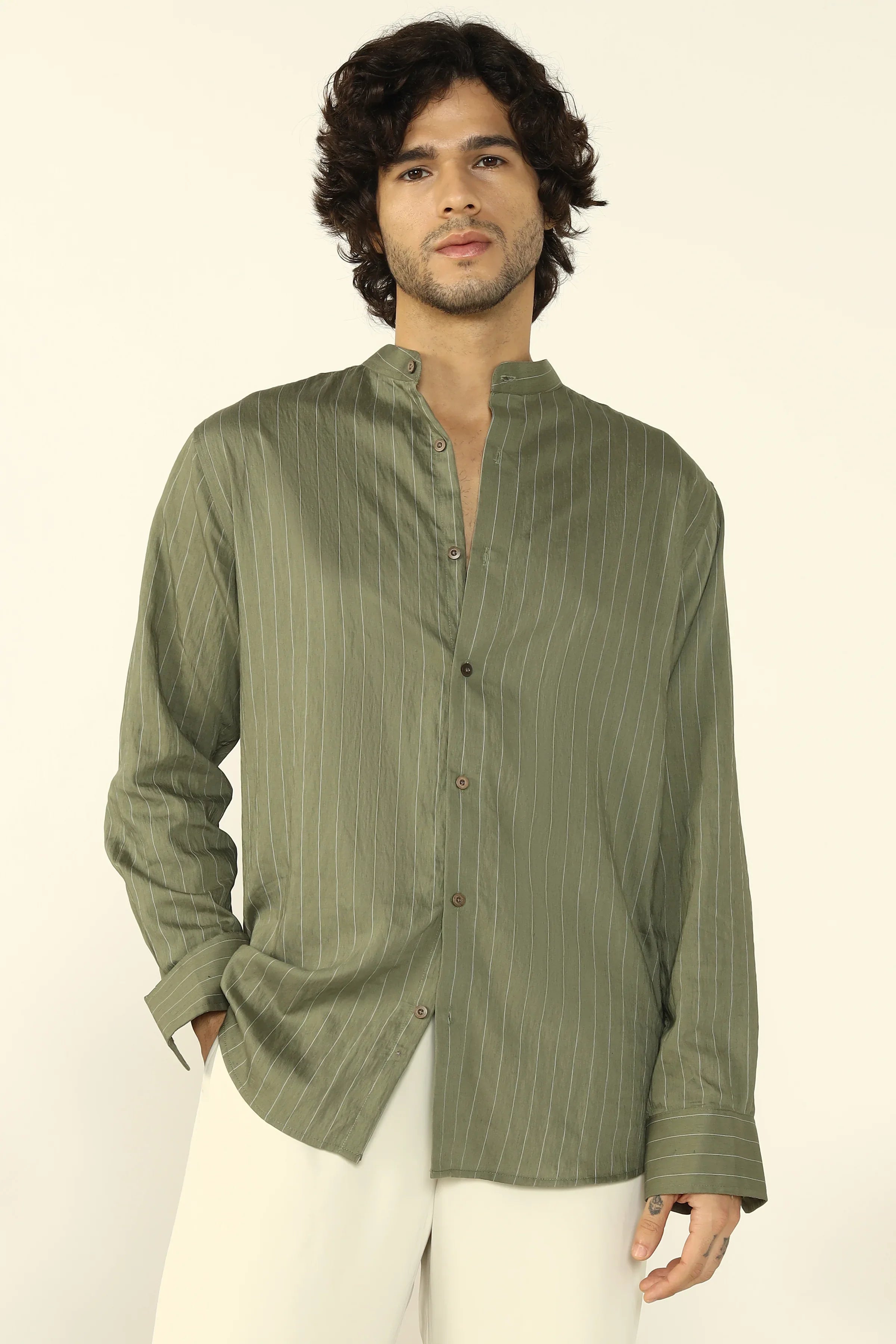 OLIVE FLOWING STRIPE SHIRT - CRAIG
