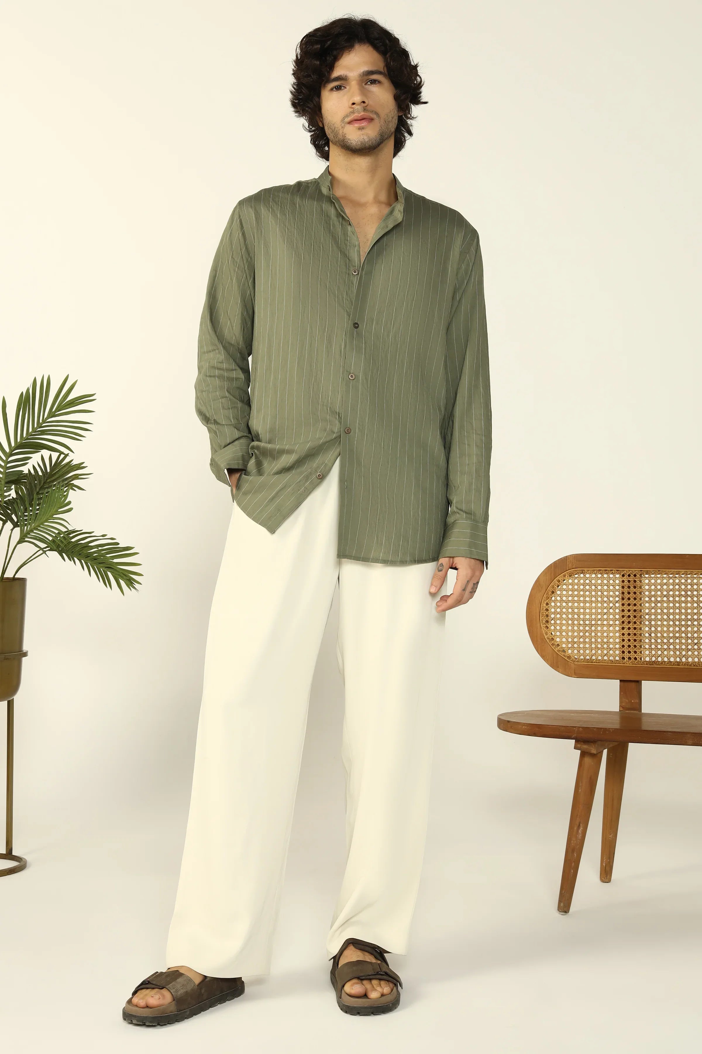 OLIVE FLOWING STRIPE SHIRT - CRAIG