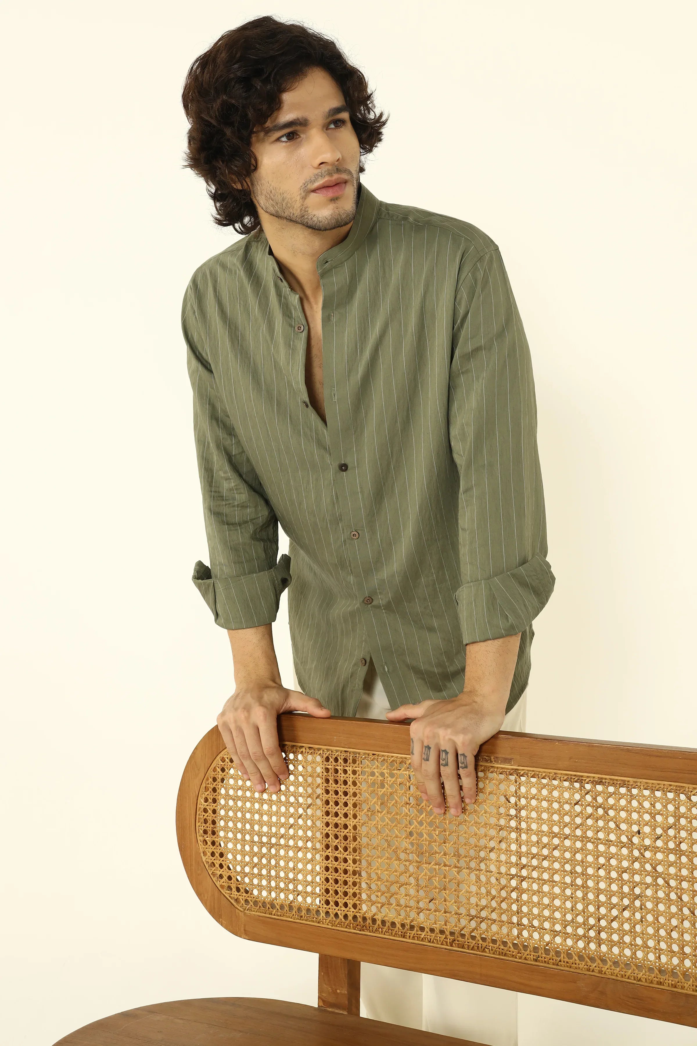 OLIVE FLOWING STRIPE SHIRT - CRAIG