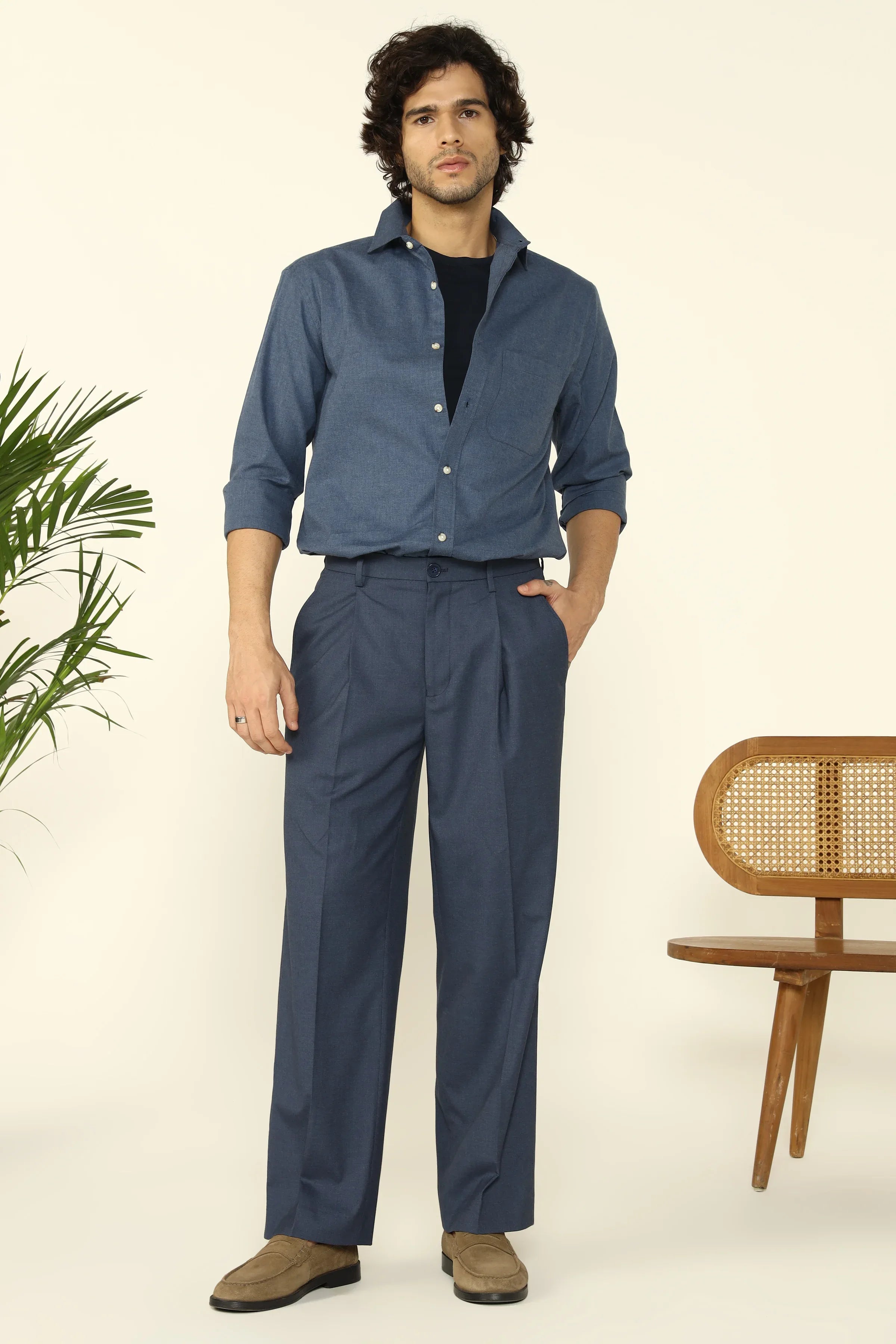 RELAXED FIT PLEATED TROUSERS BLUE - CRAIG