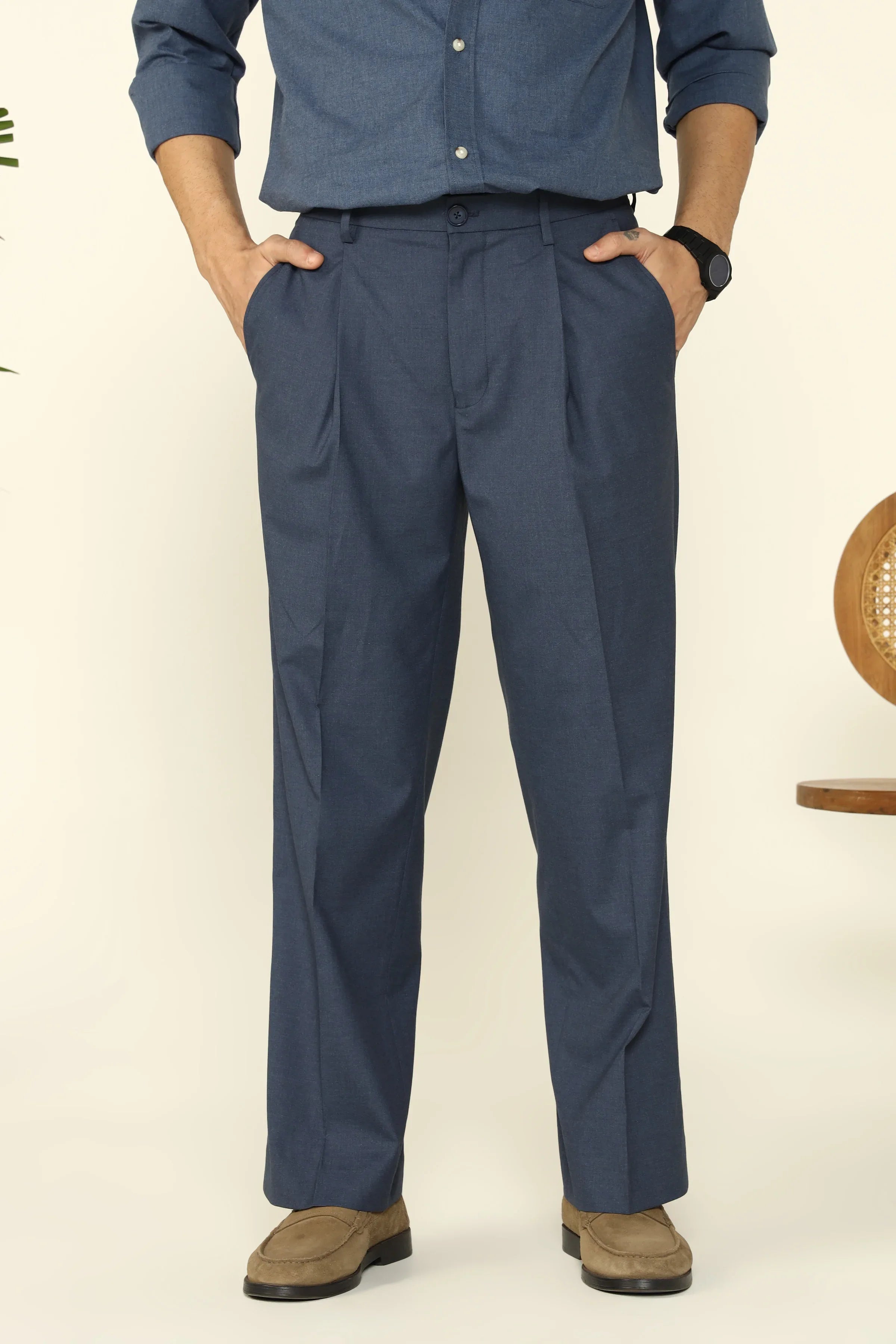 RELAXED FIT PLEATED TROUSERS BLUE - CRAIG