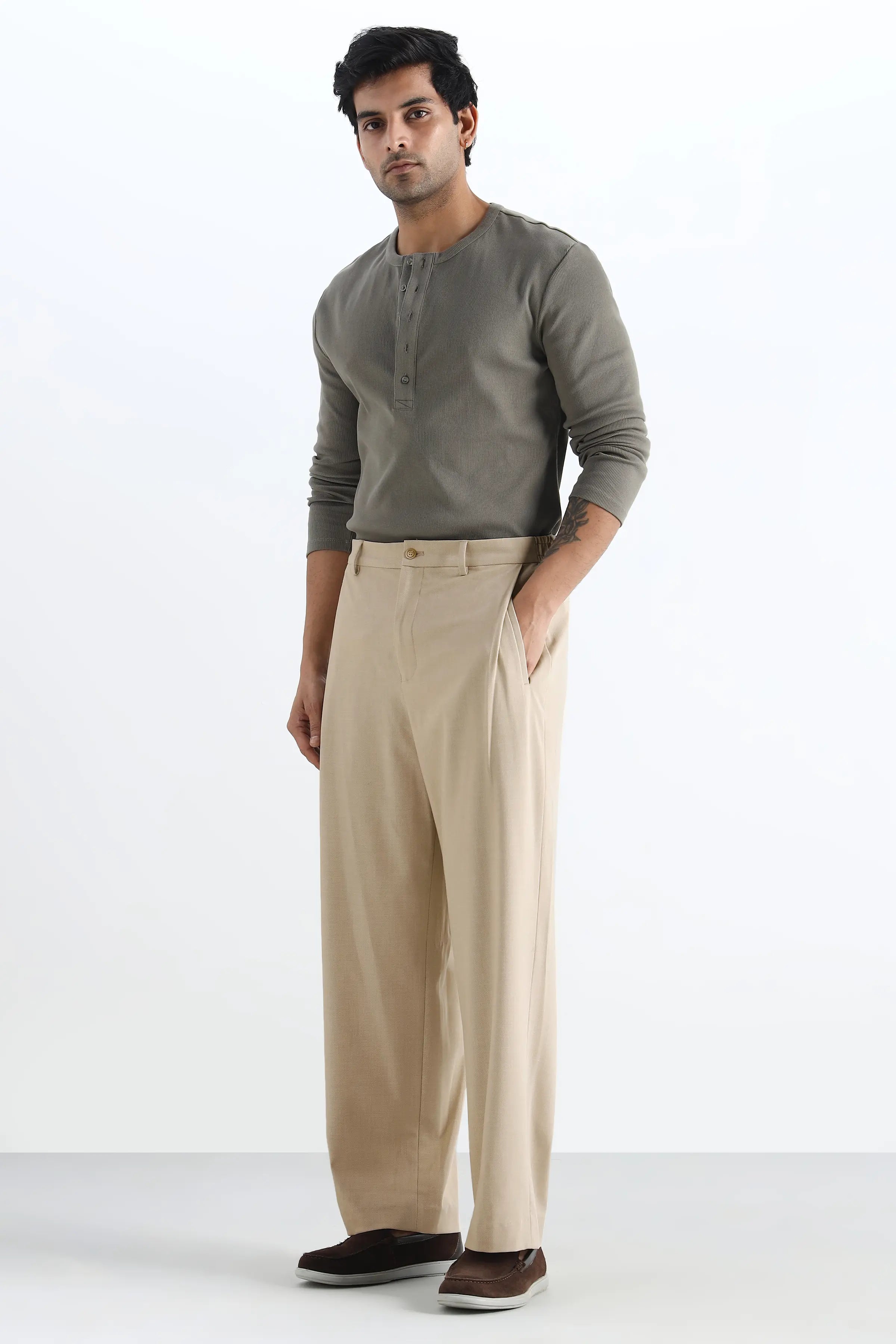 Light Beige Flowing Trousers with Side Pleats