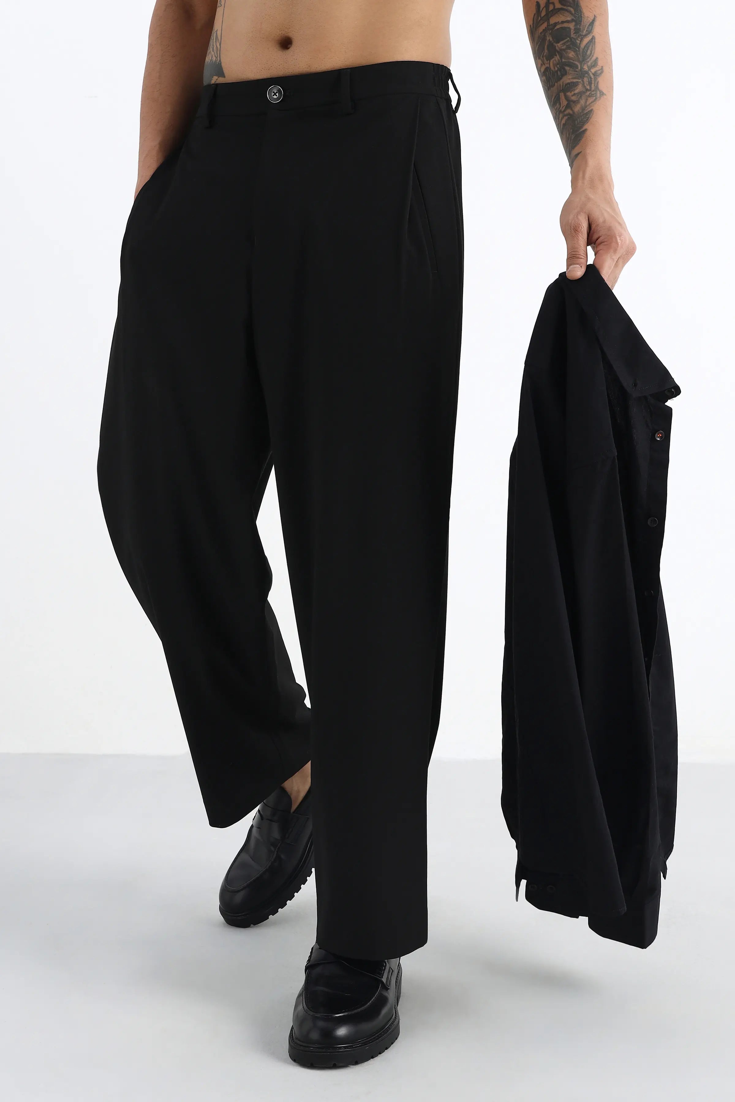 Black Flowing Trousers with Side Pleats