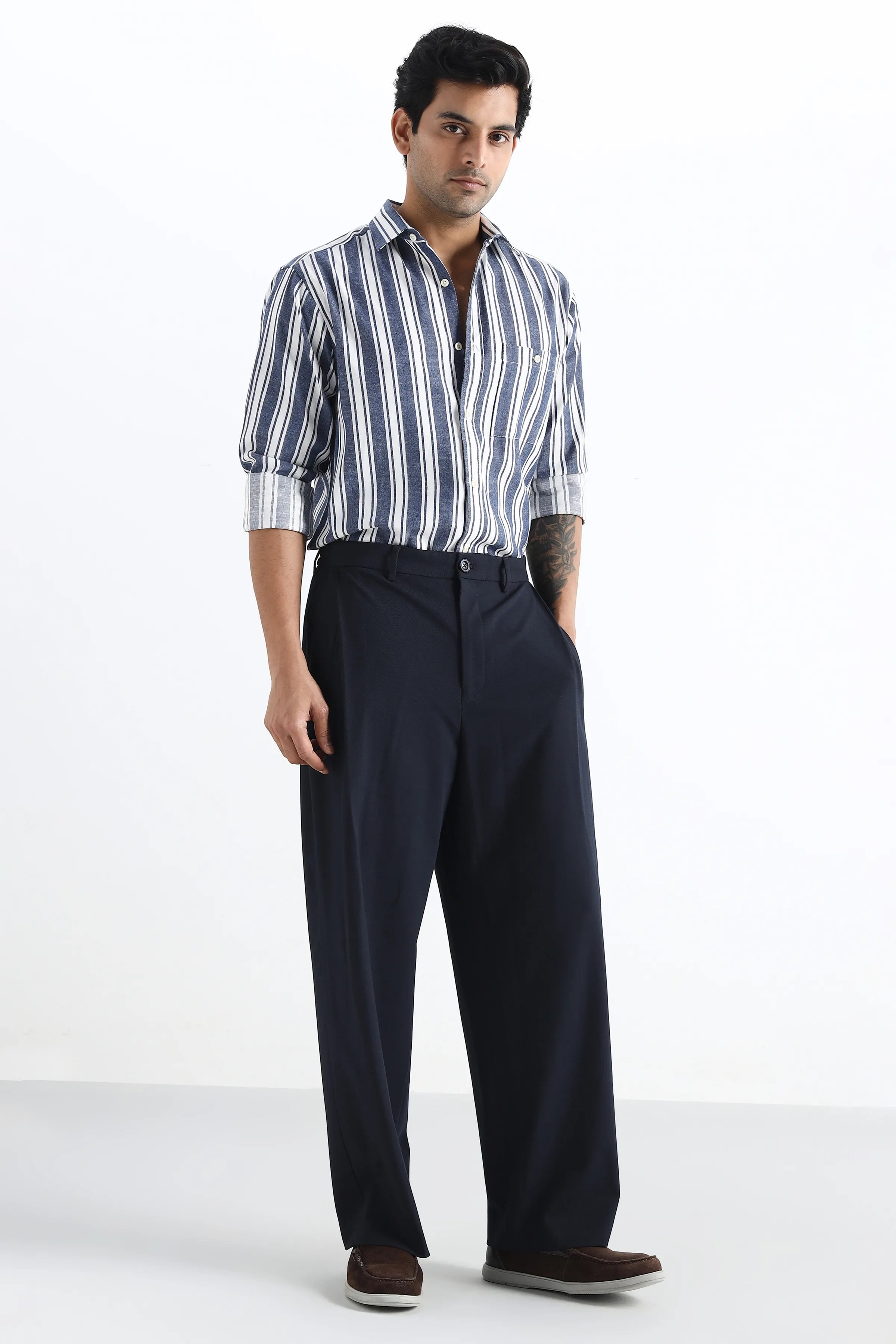 Navy Flowing Trousers with Side Pleats
