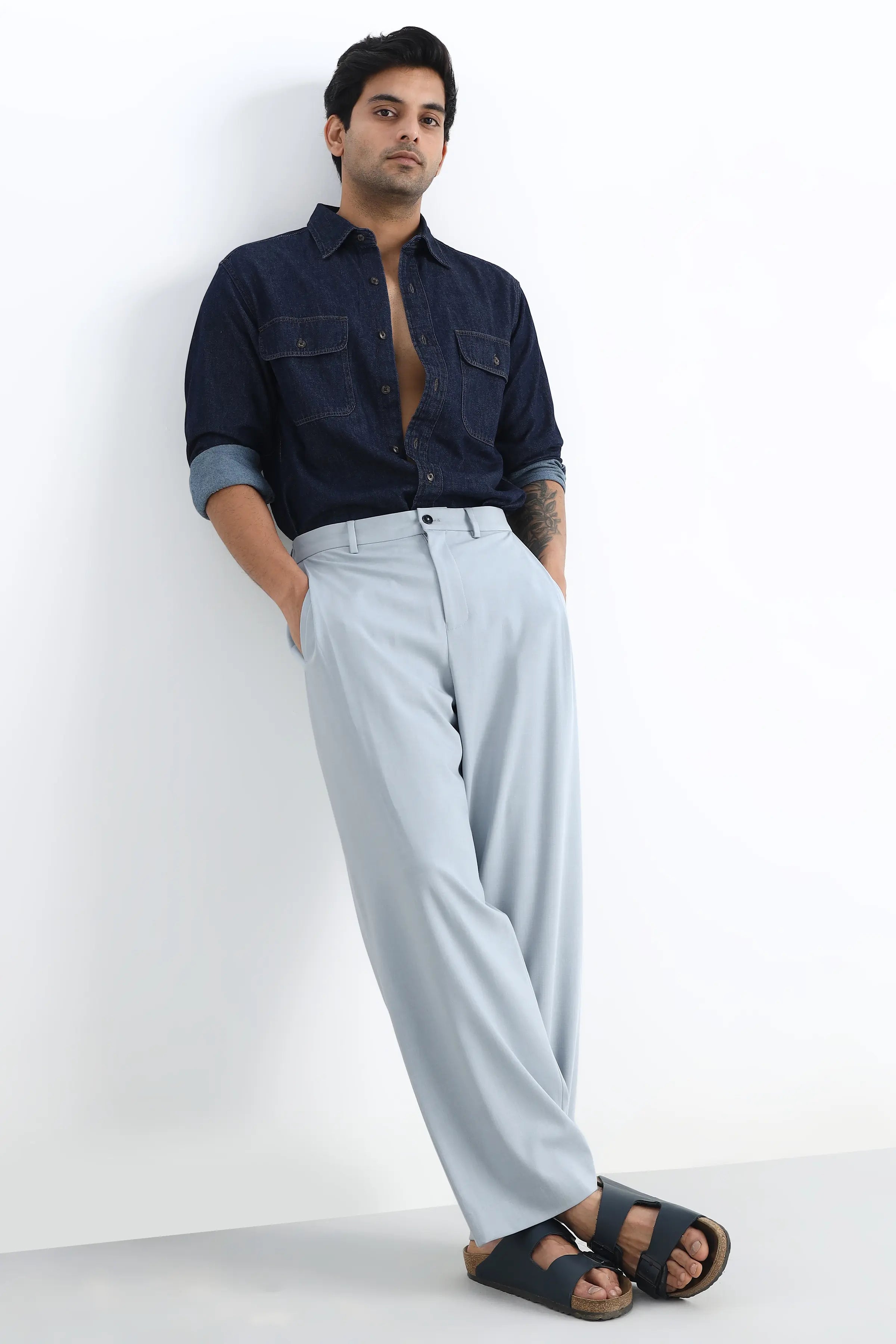 Sky Blue Flowing Trousers with Side Pleats