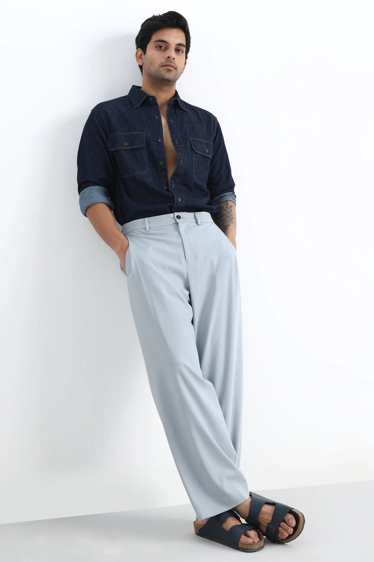 Sky Blue Flowing Trousers with Side Pleats