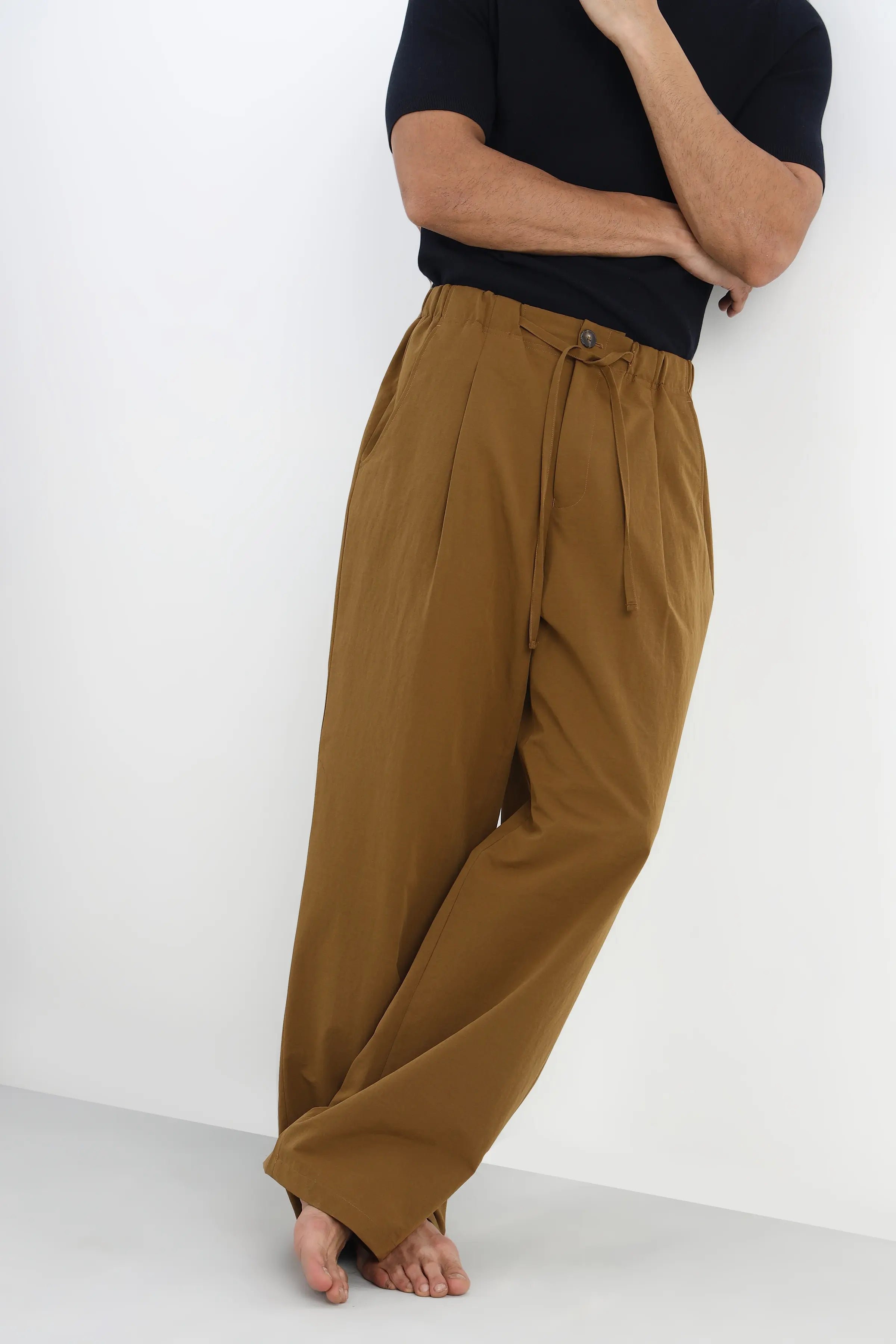 Khaki Pleated Loose Fit Trousers