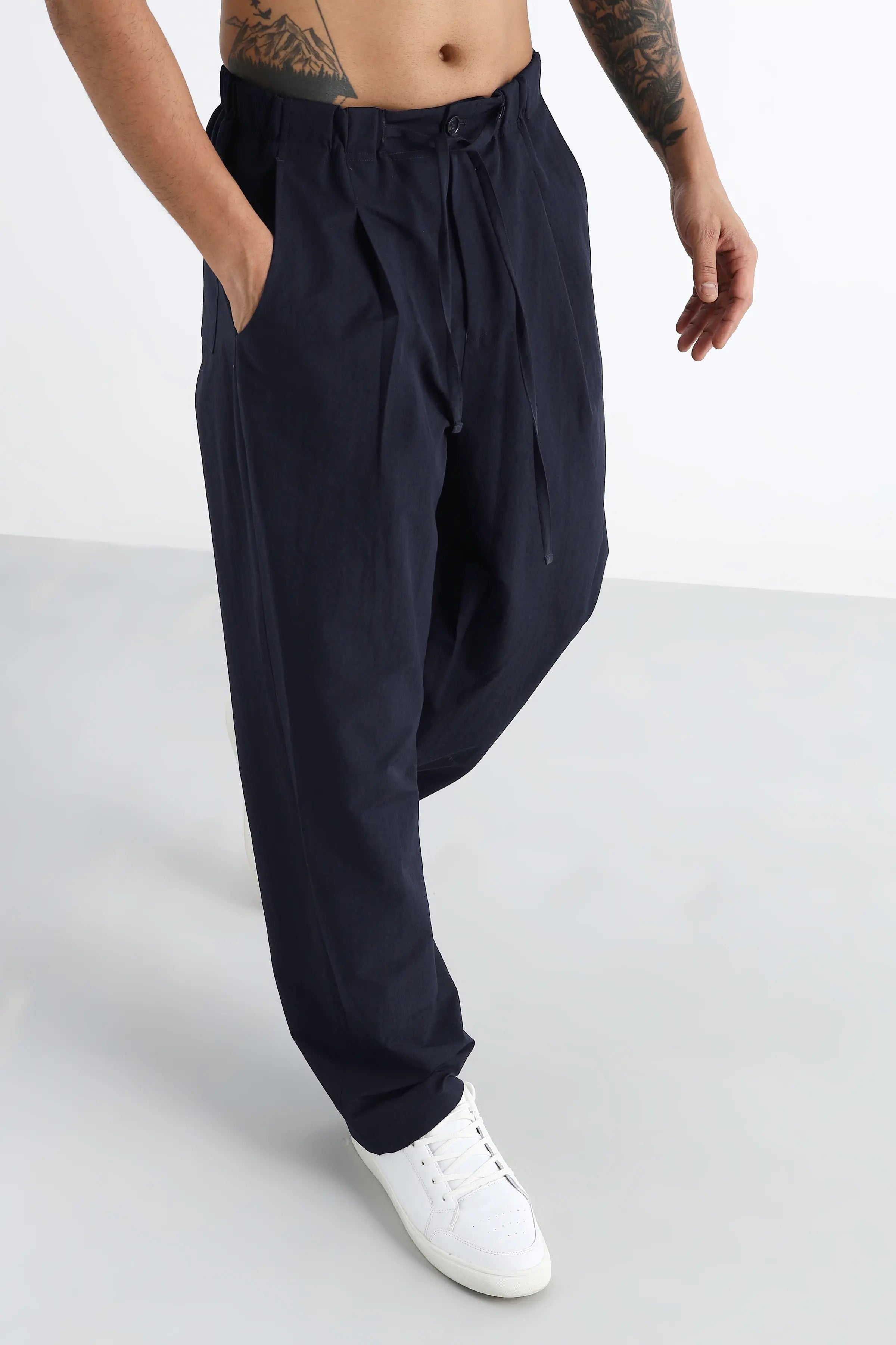 Navy Pleated Loose Fit Trousers