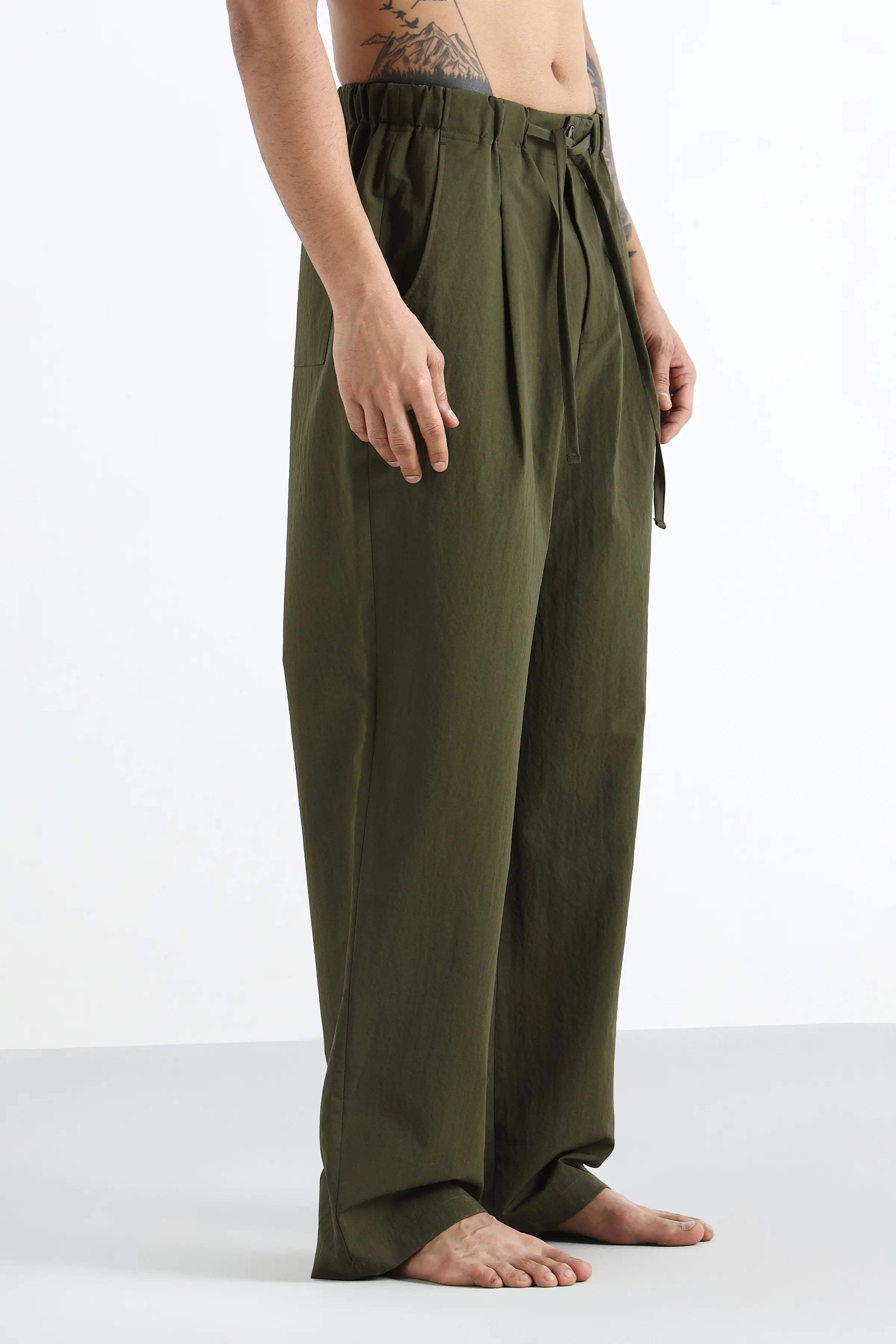 Olive Pleated Loose Fit Trousers