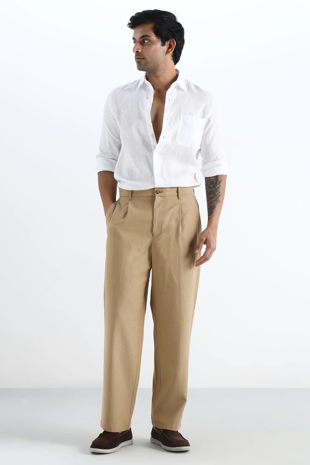 Beige Cotton Pleated Trousers