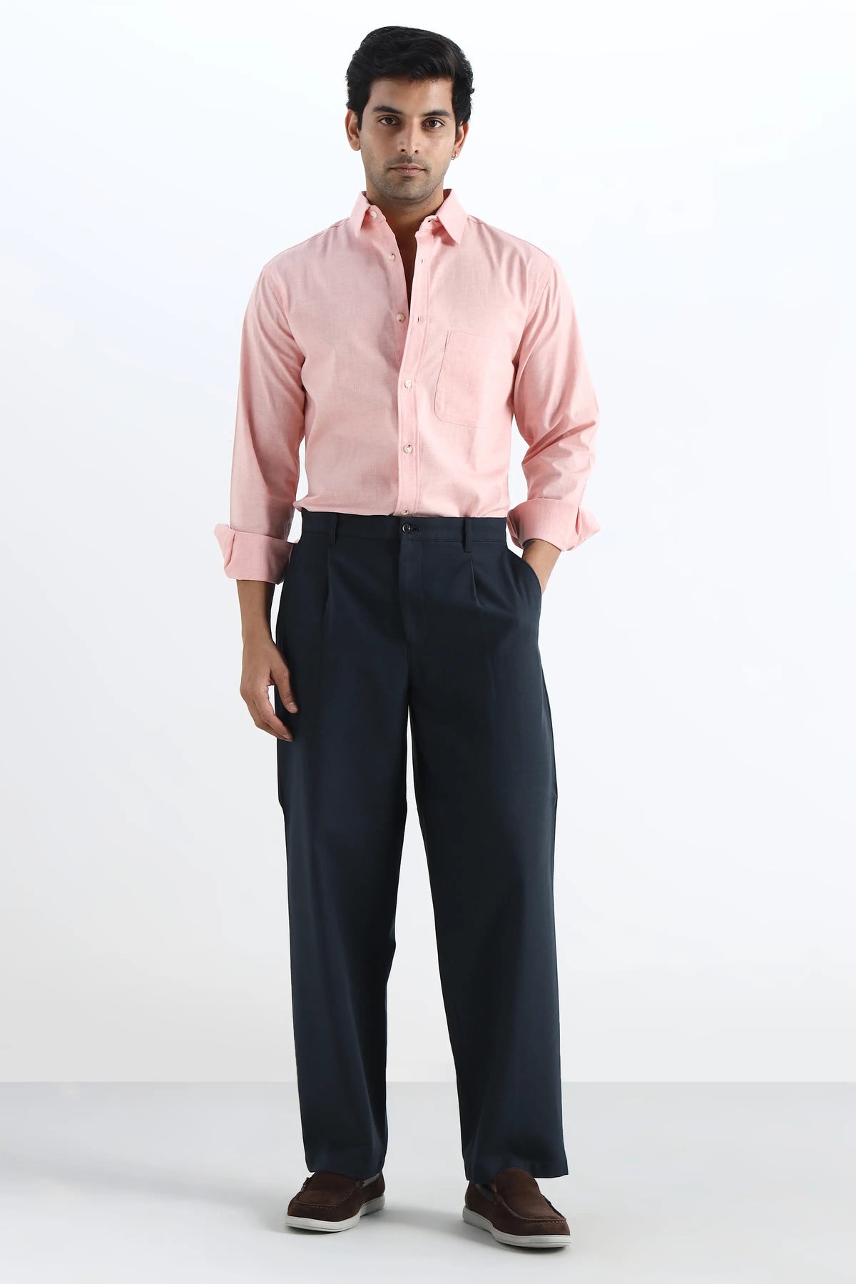 Navy Cotton Pleated Trousers