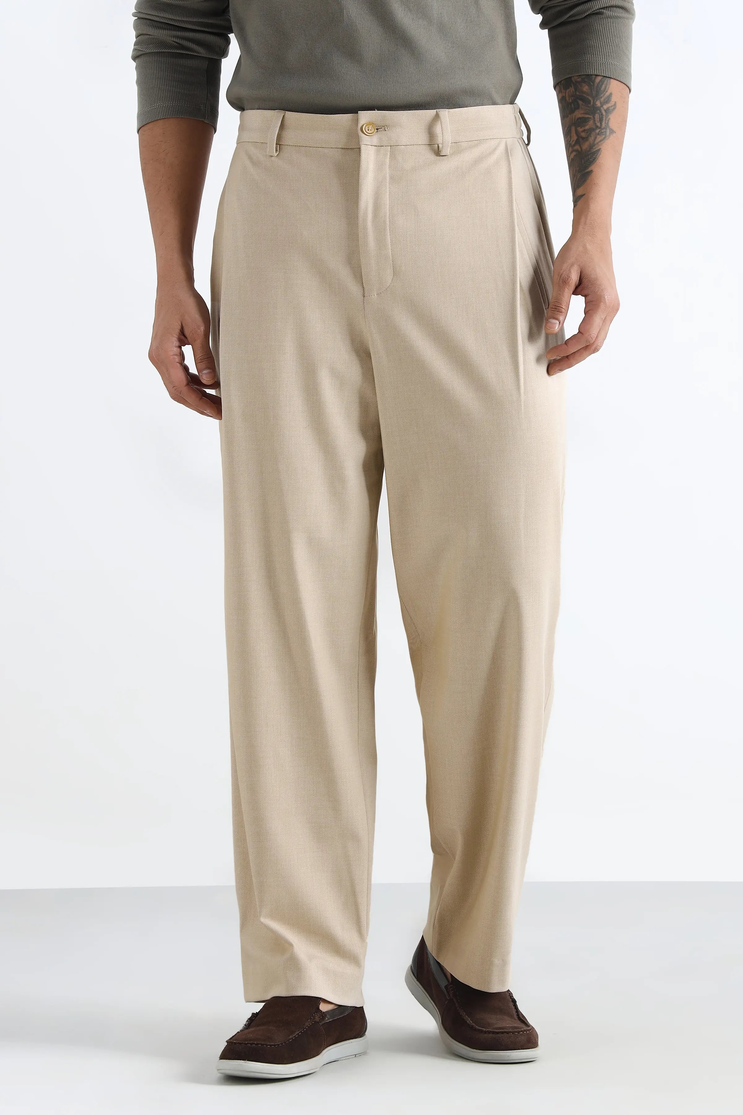 Light Beige Flowing Trousers with Side Pleats