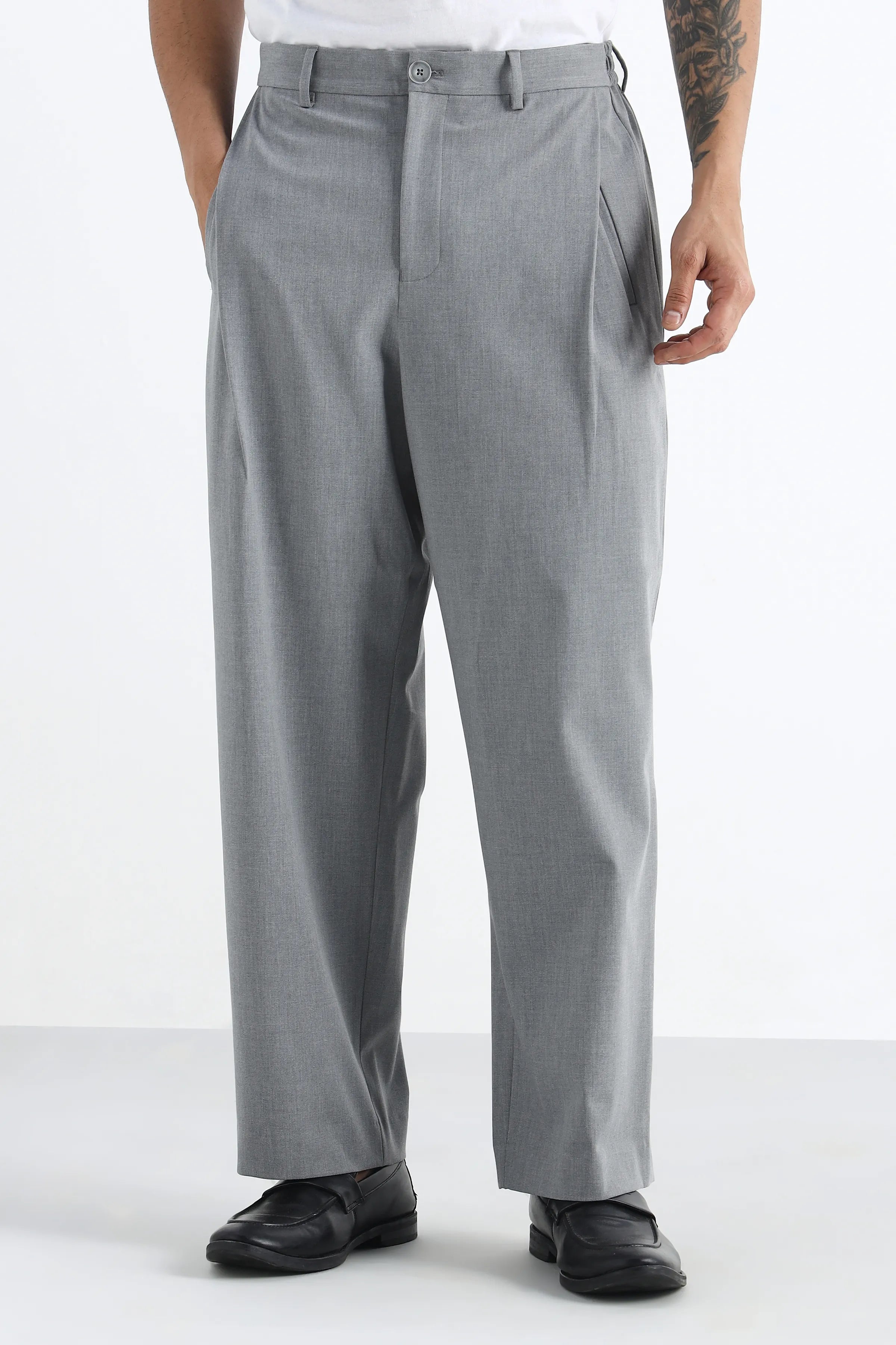 Grey Flowing Trousers with Side Pleats