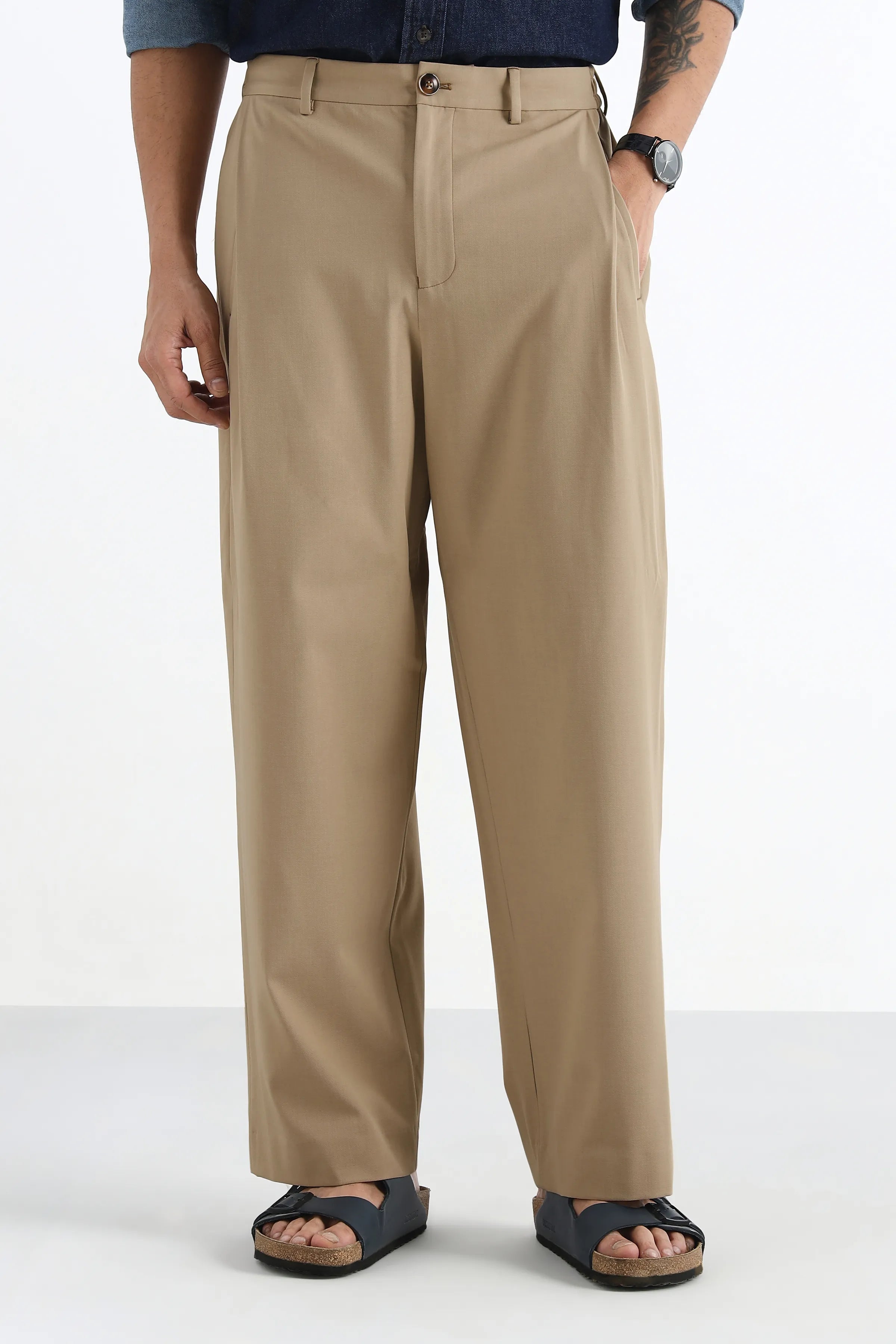 Rich Beige Flowing Trousers with Side Pleats