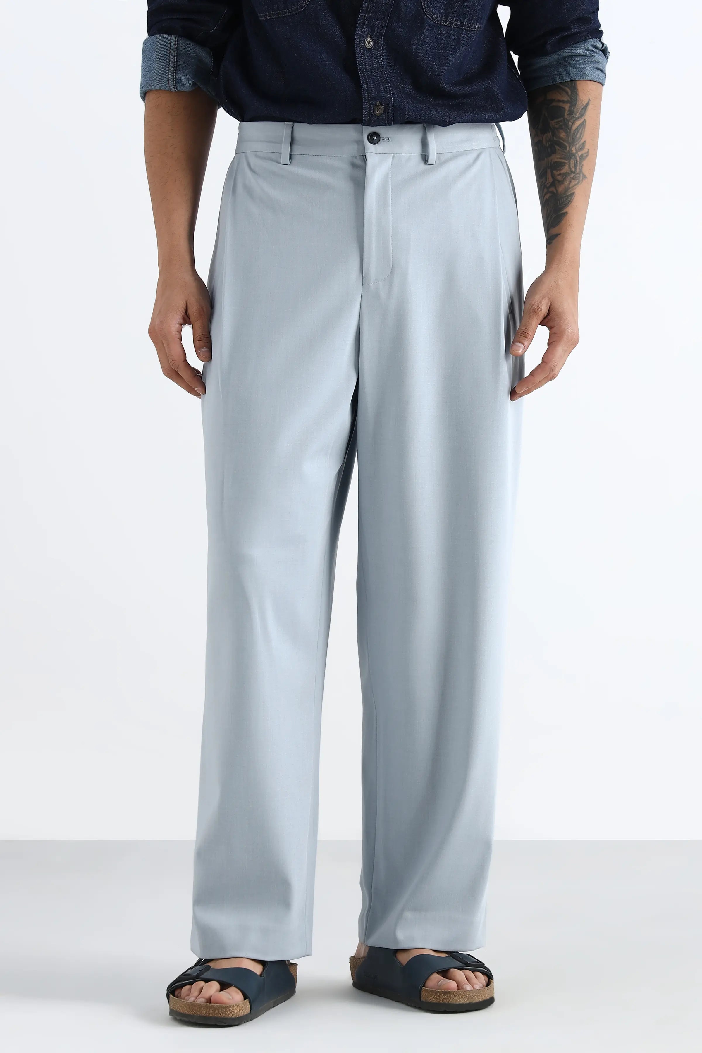 Sky Blue Flowing Trousers with Side Pleats
