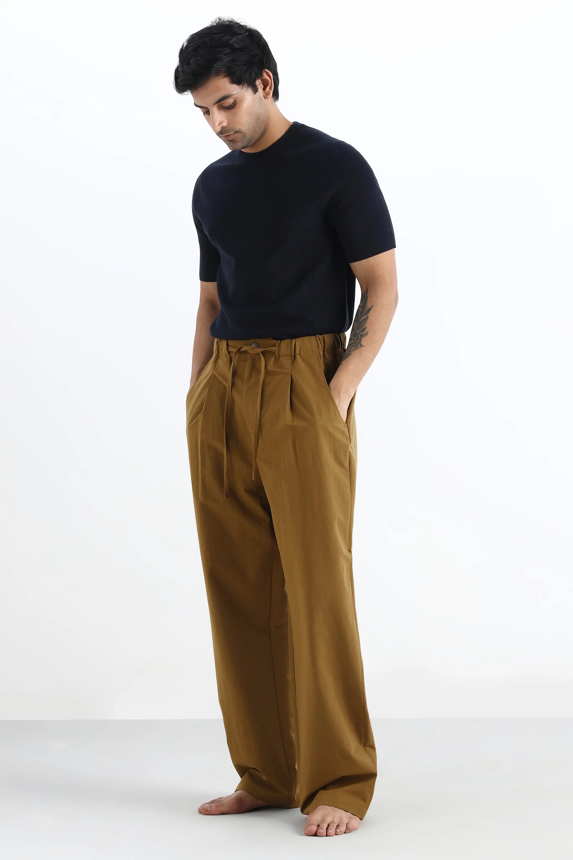 Khaki Pleated Loose Fit Trousers