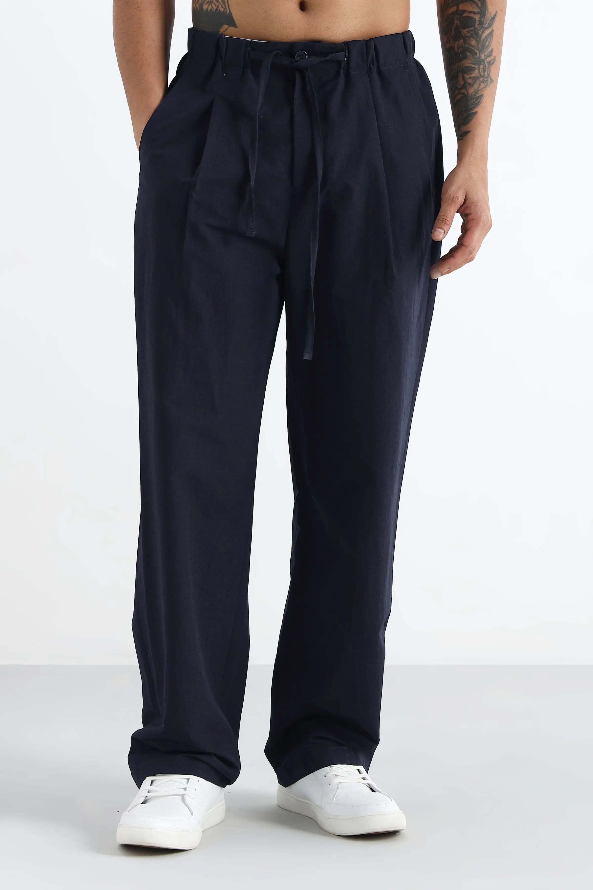 Navy Pleated Loose Fit Trousers