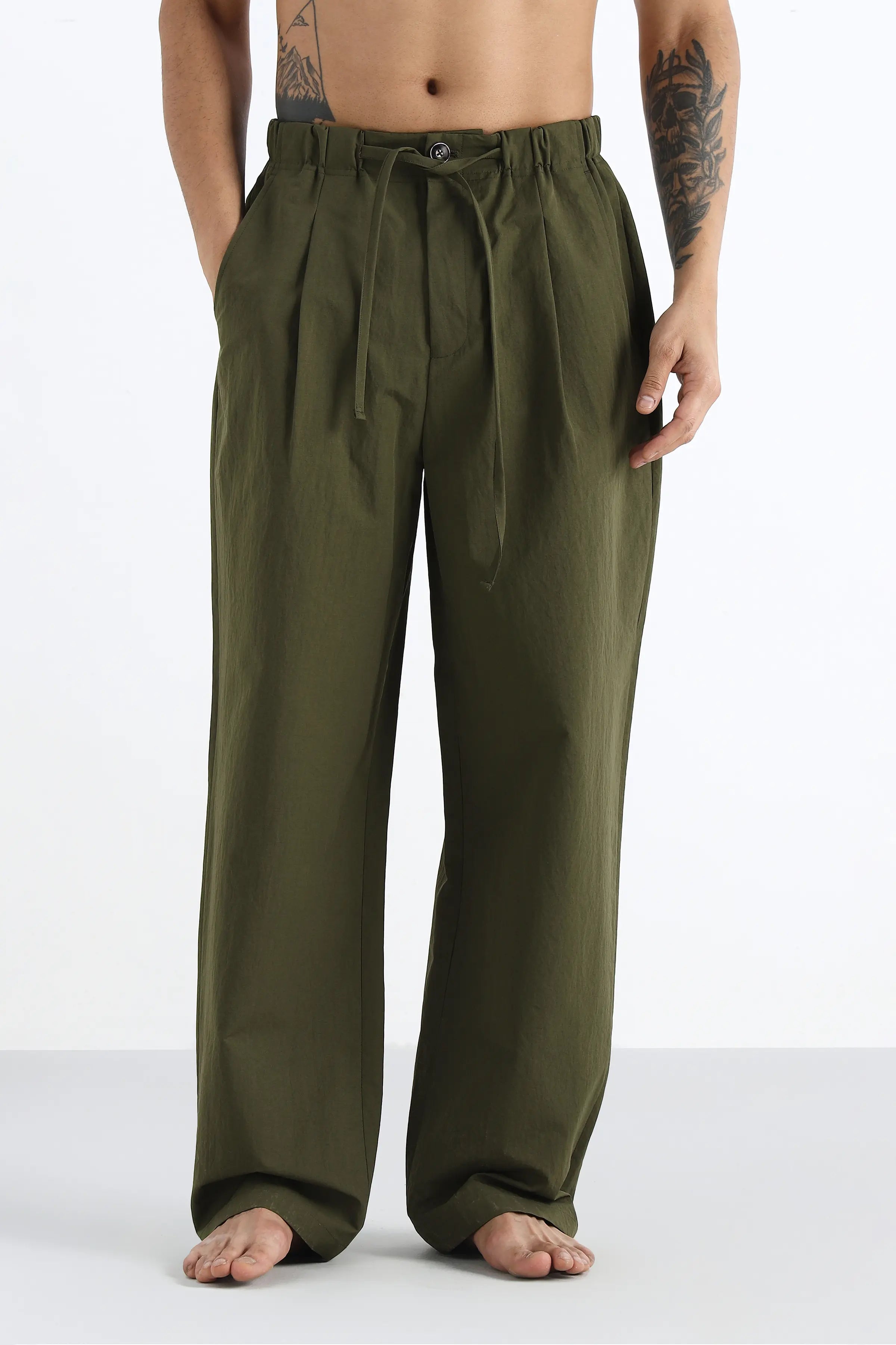 Olive Pleated Loose Fit Trousers