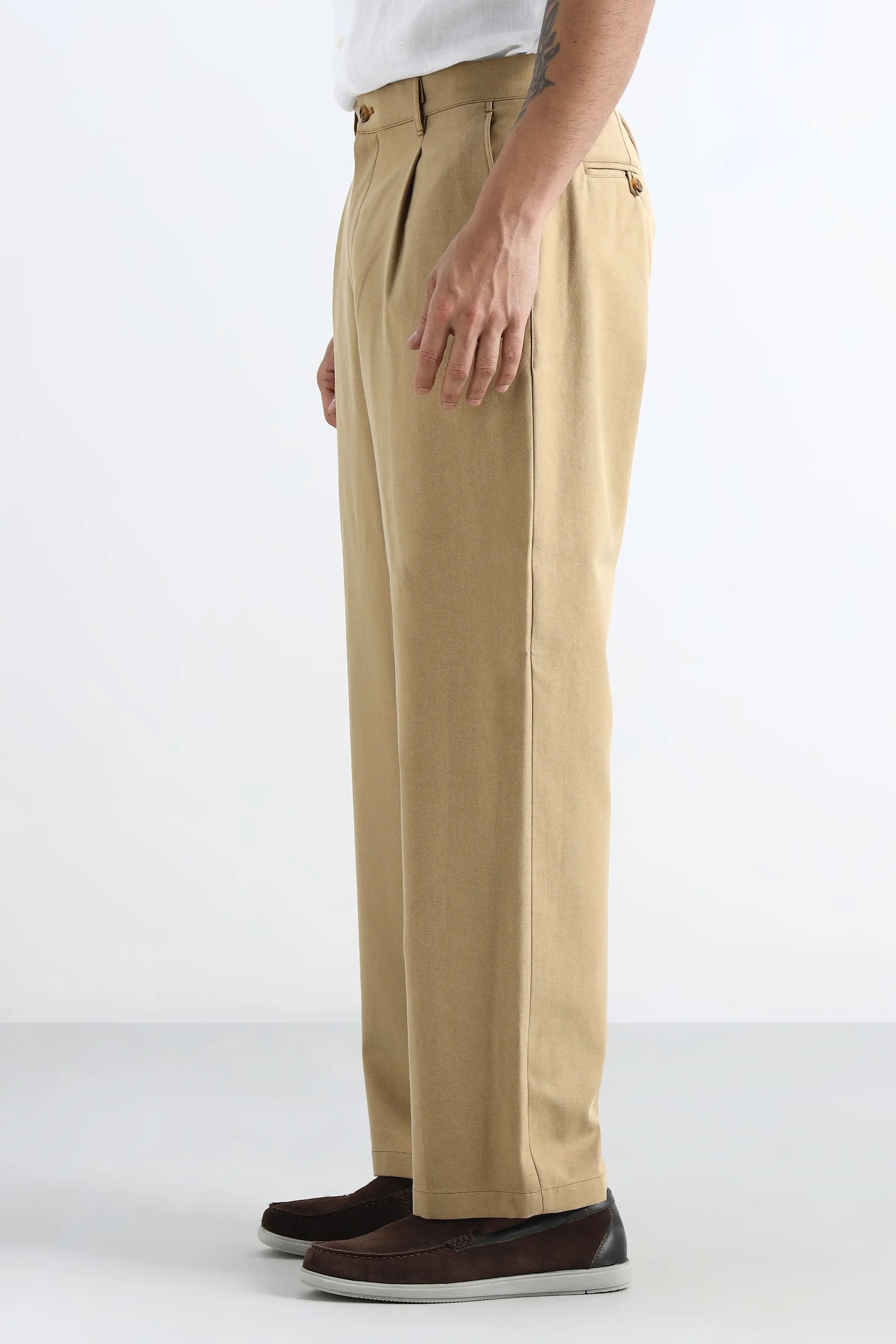 Beige Cotton Pleated Trousers