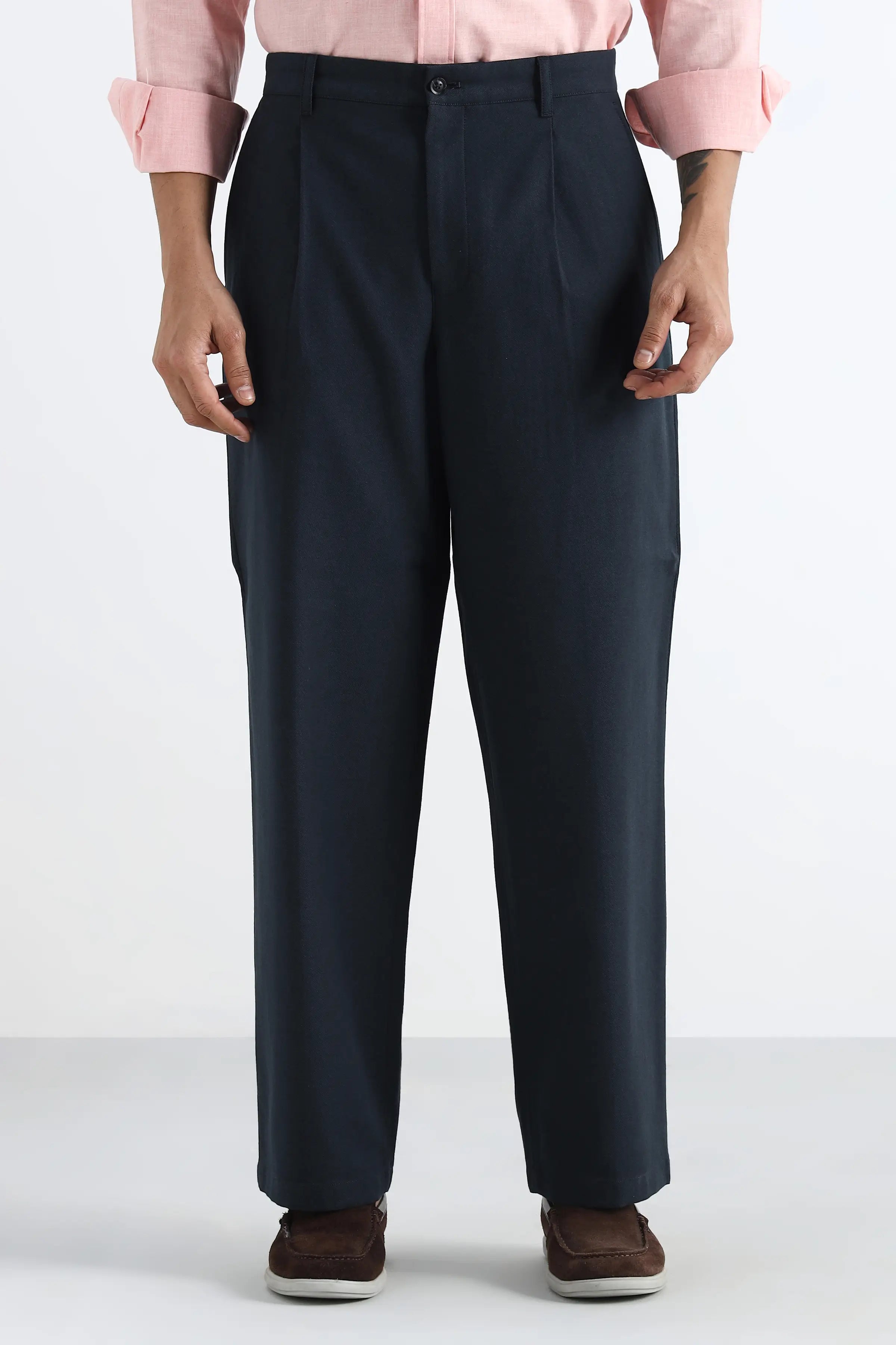 Navy Cotton Pleated Trousers