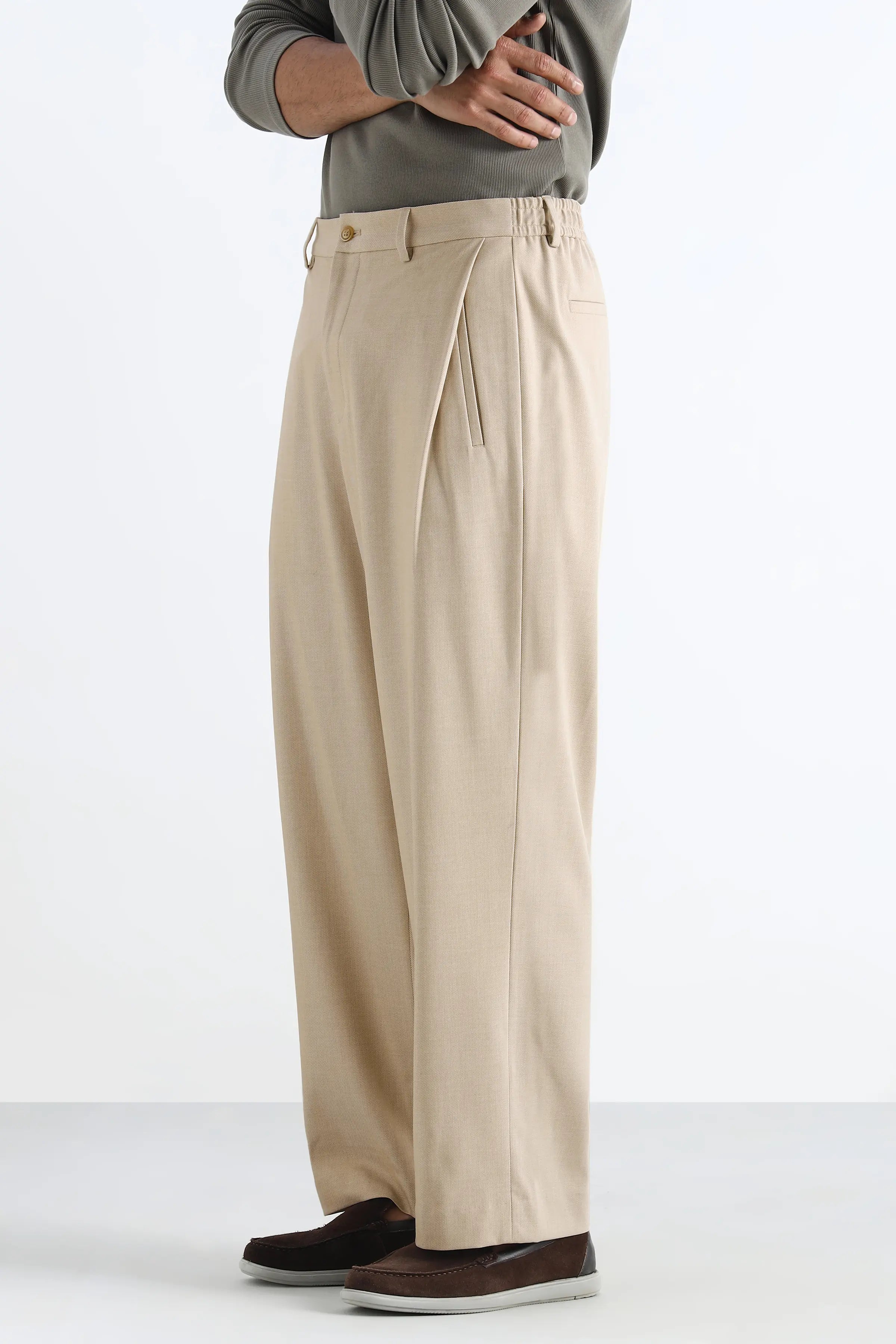 Light Beige Flowing Trousers with Side Pleats