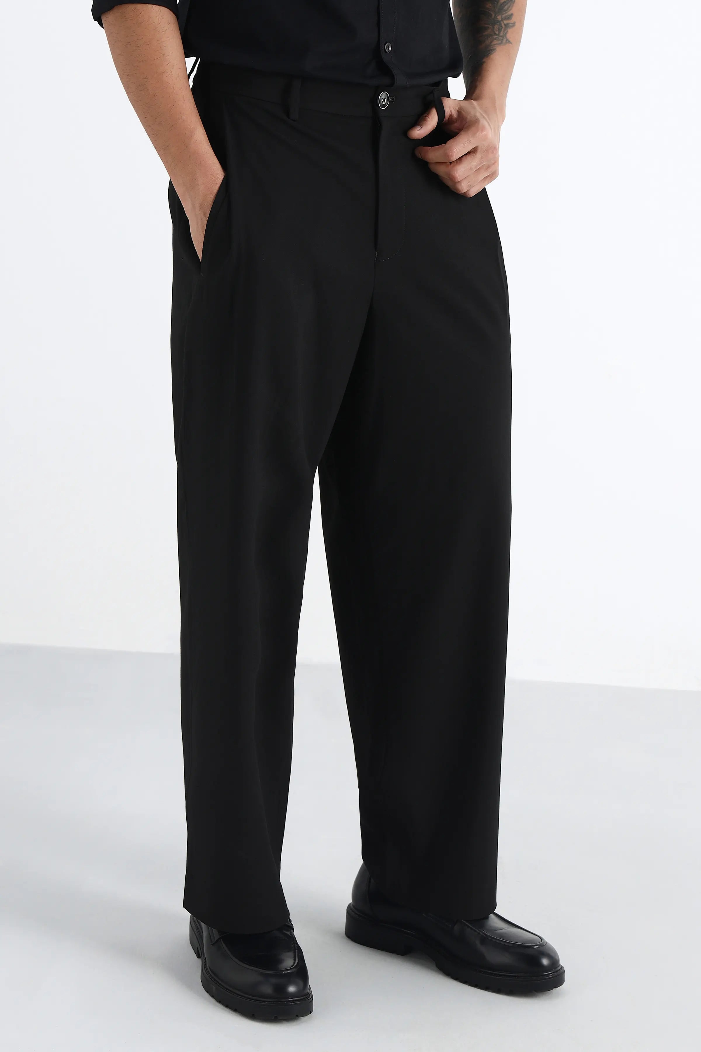 Black Flowing Trousers with Side Pleats