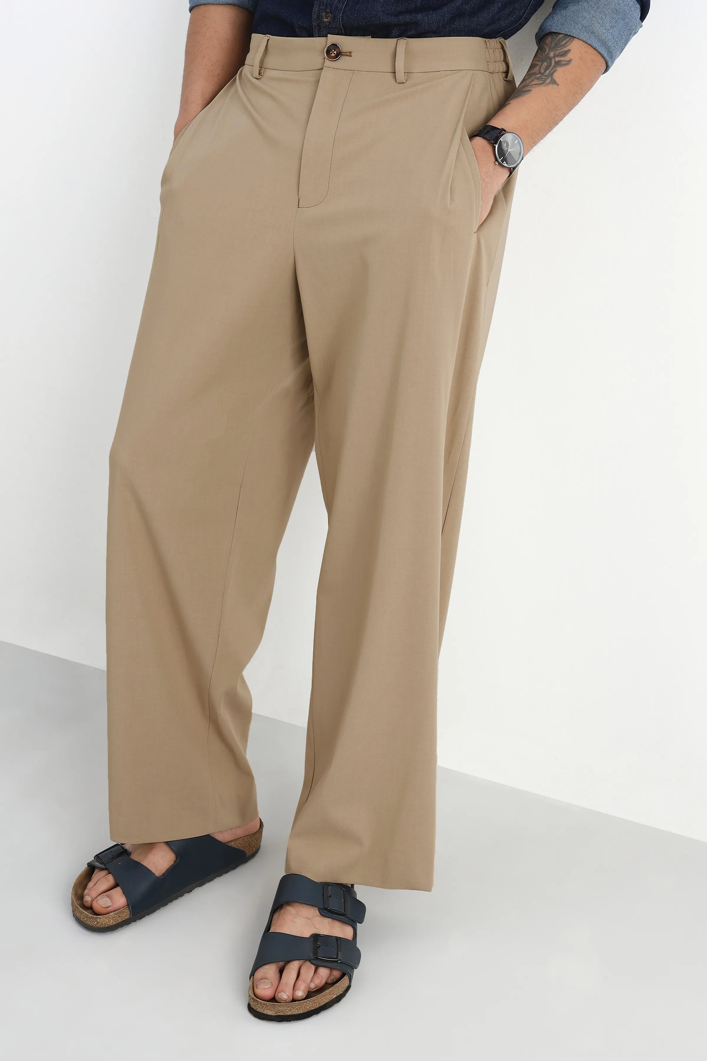 Rich Beige Flowing Trousers with Side Pleats