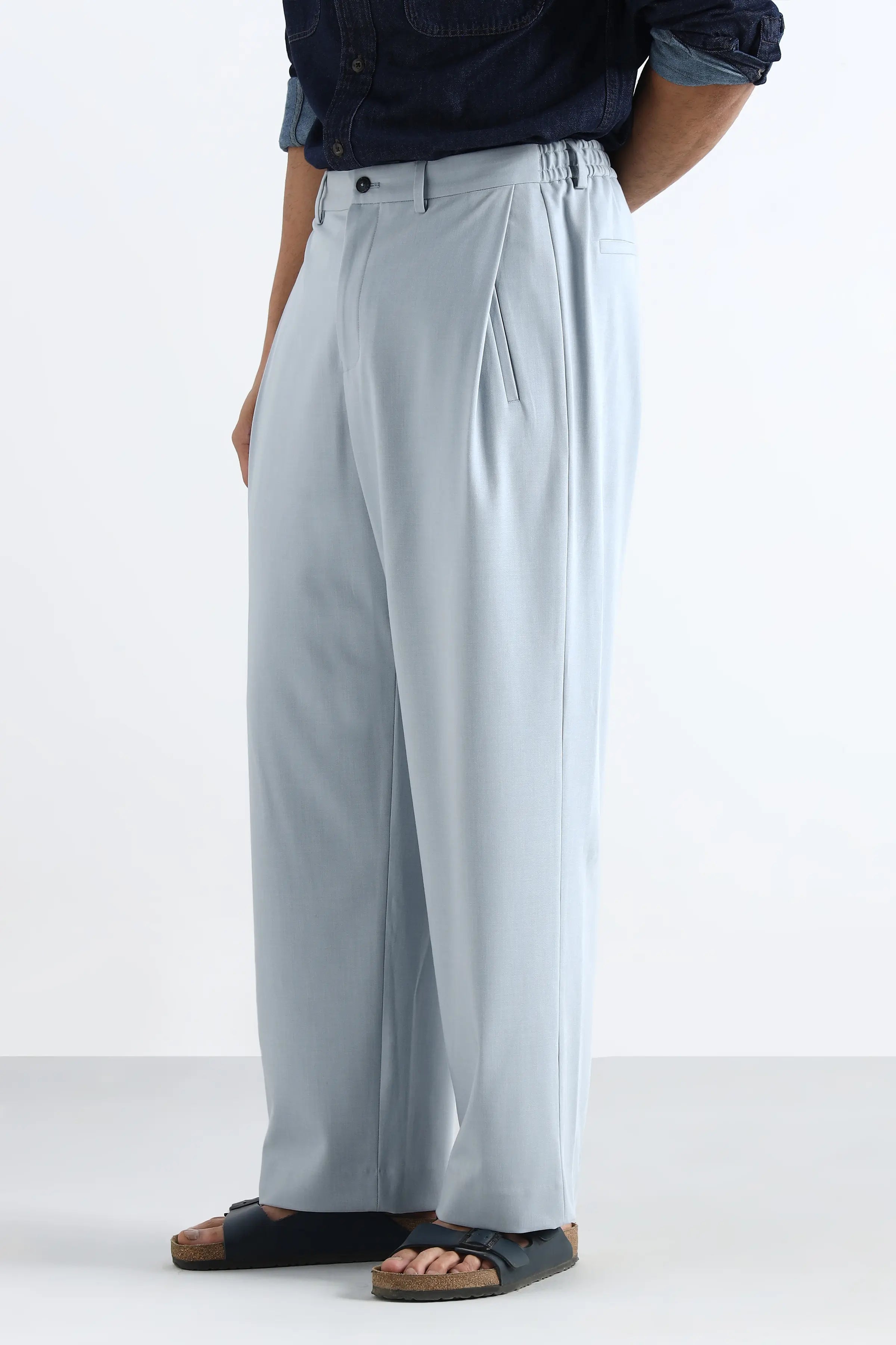 Sky Blue Flowing Trousers with Side Pleats