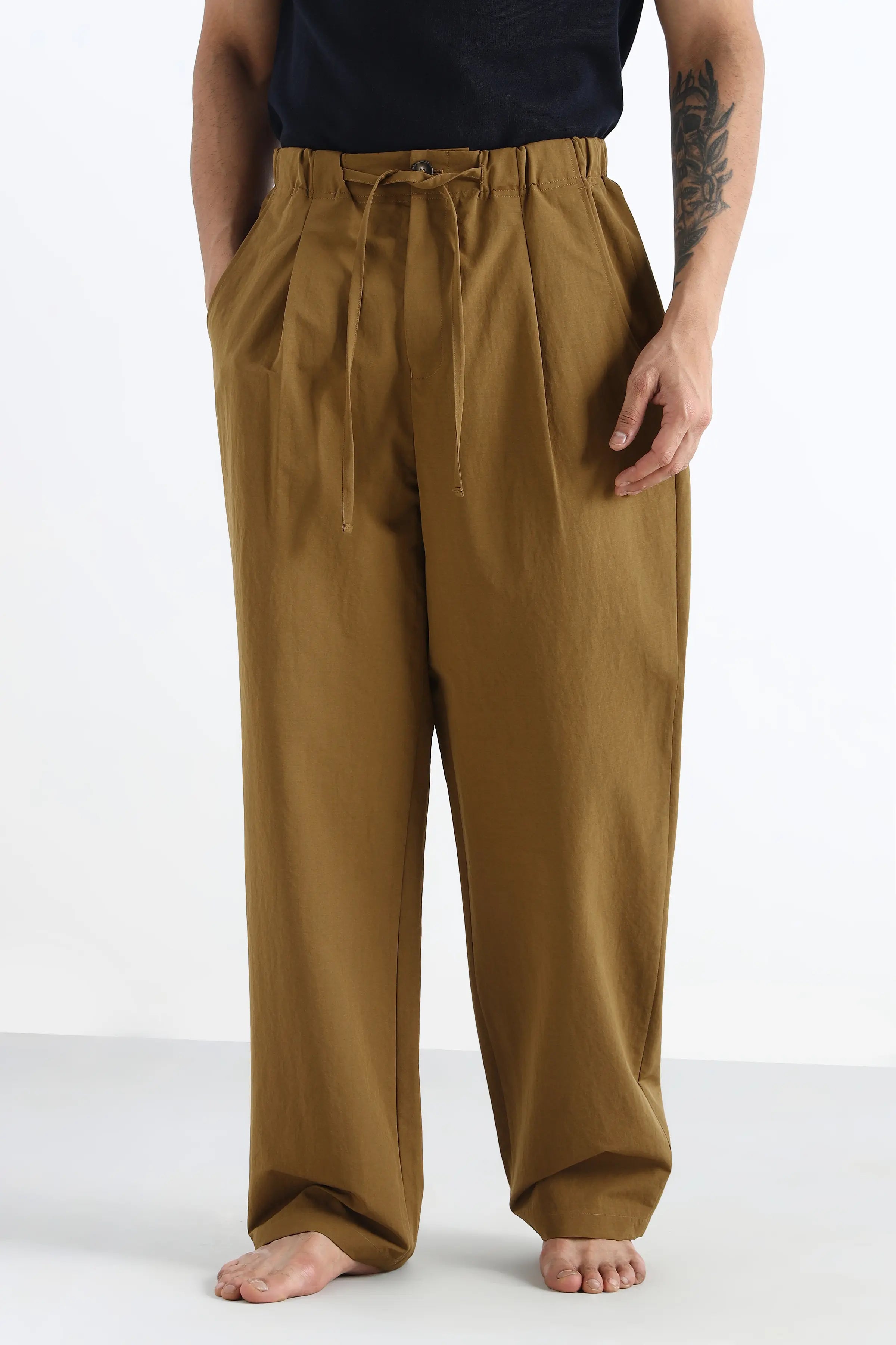Khaki Pleated Loose Fit Trousers
