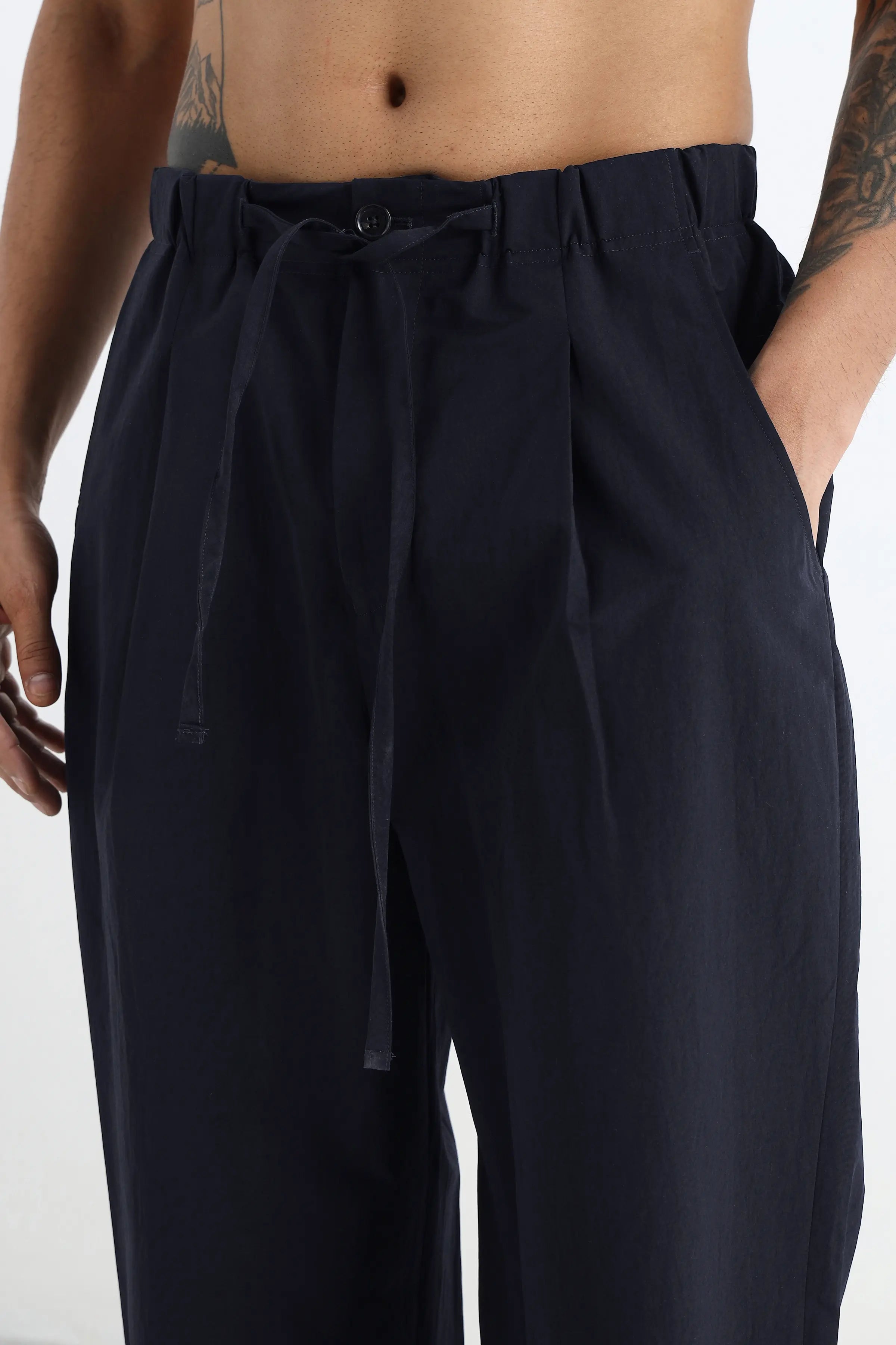 Navy Pleated Loose Fit Trousers