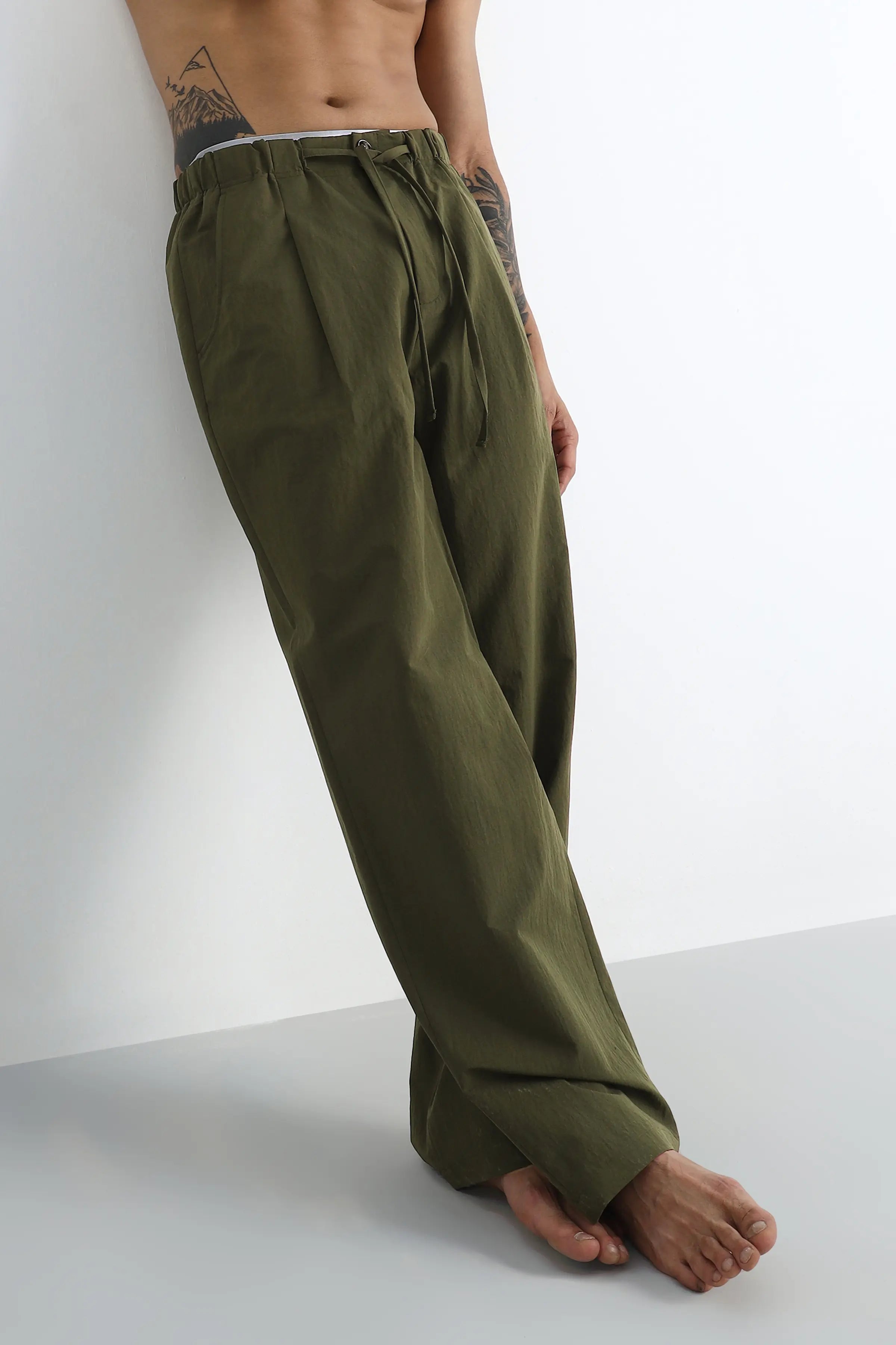 Olive Pleated Loose Fit Trousers