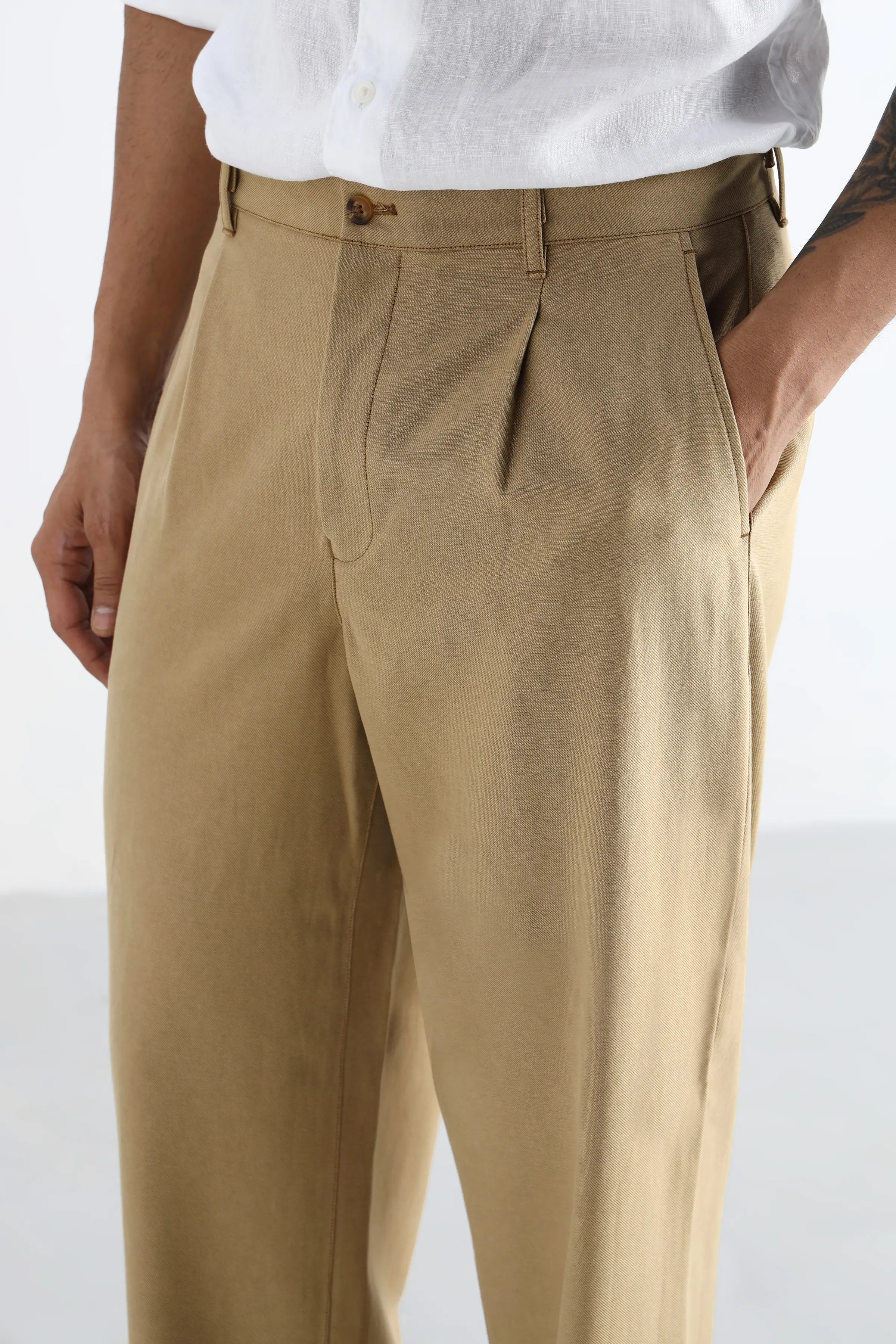 Beige Cotton Pleated Trousers