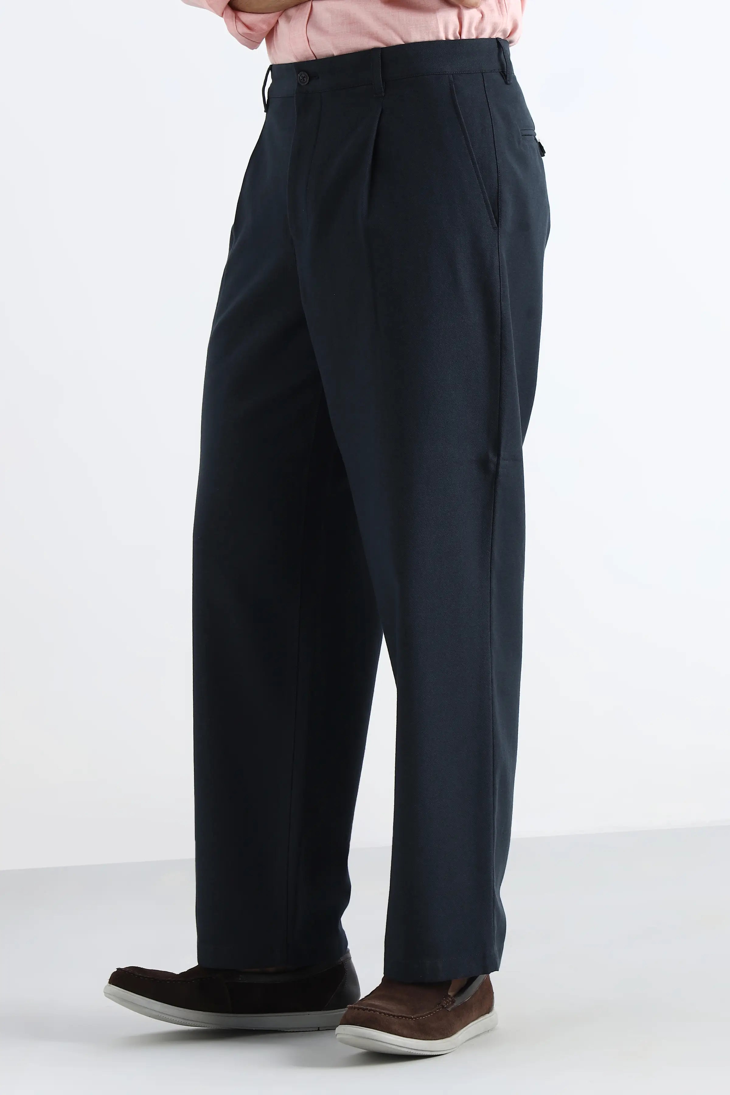 Navy Cotton Pleated Trousers