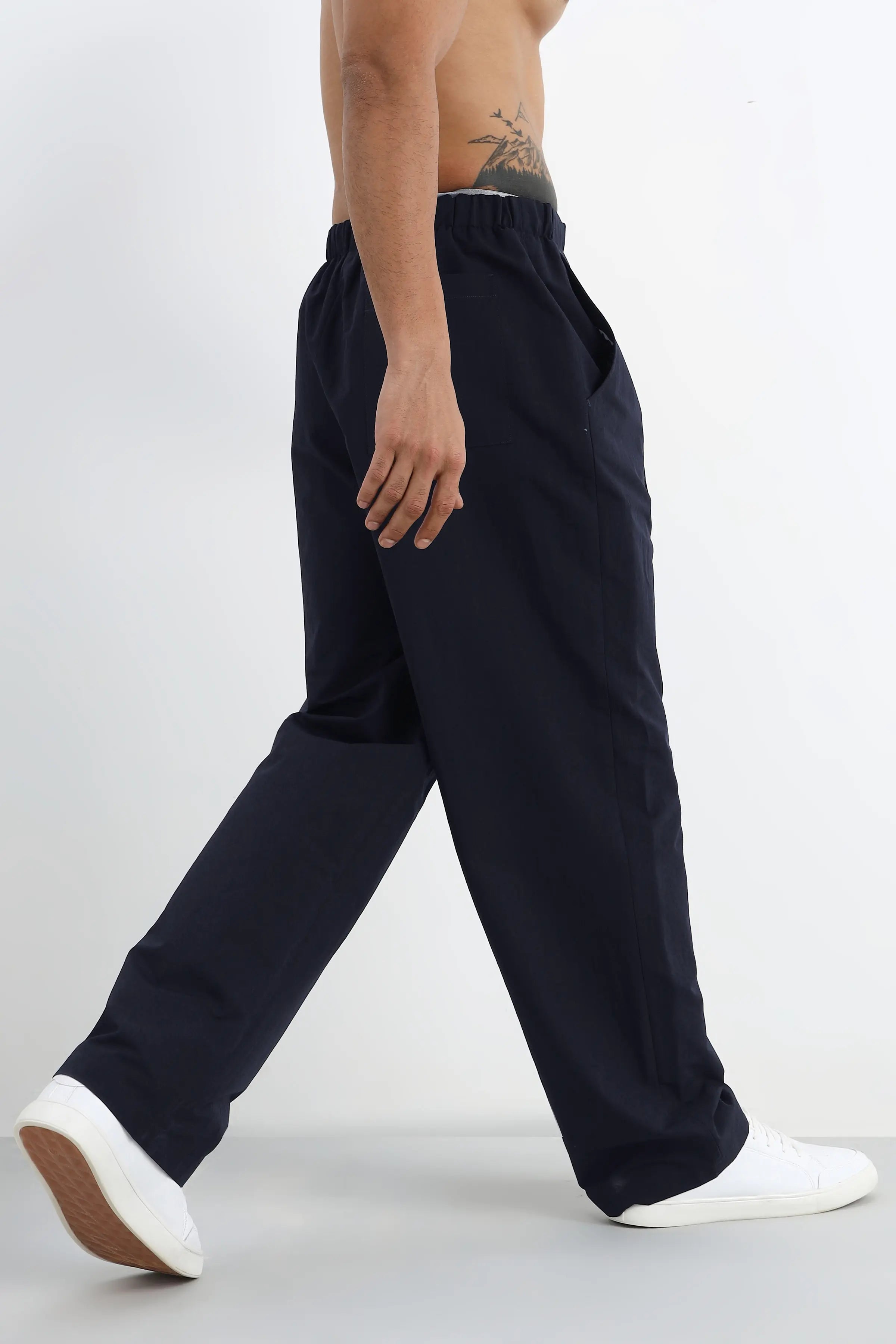 Navy Pleated Loose Fit Trousers