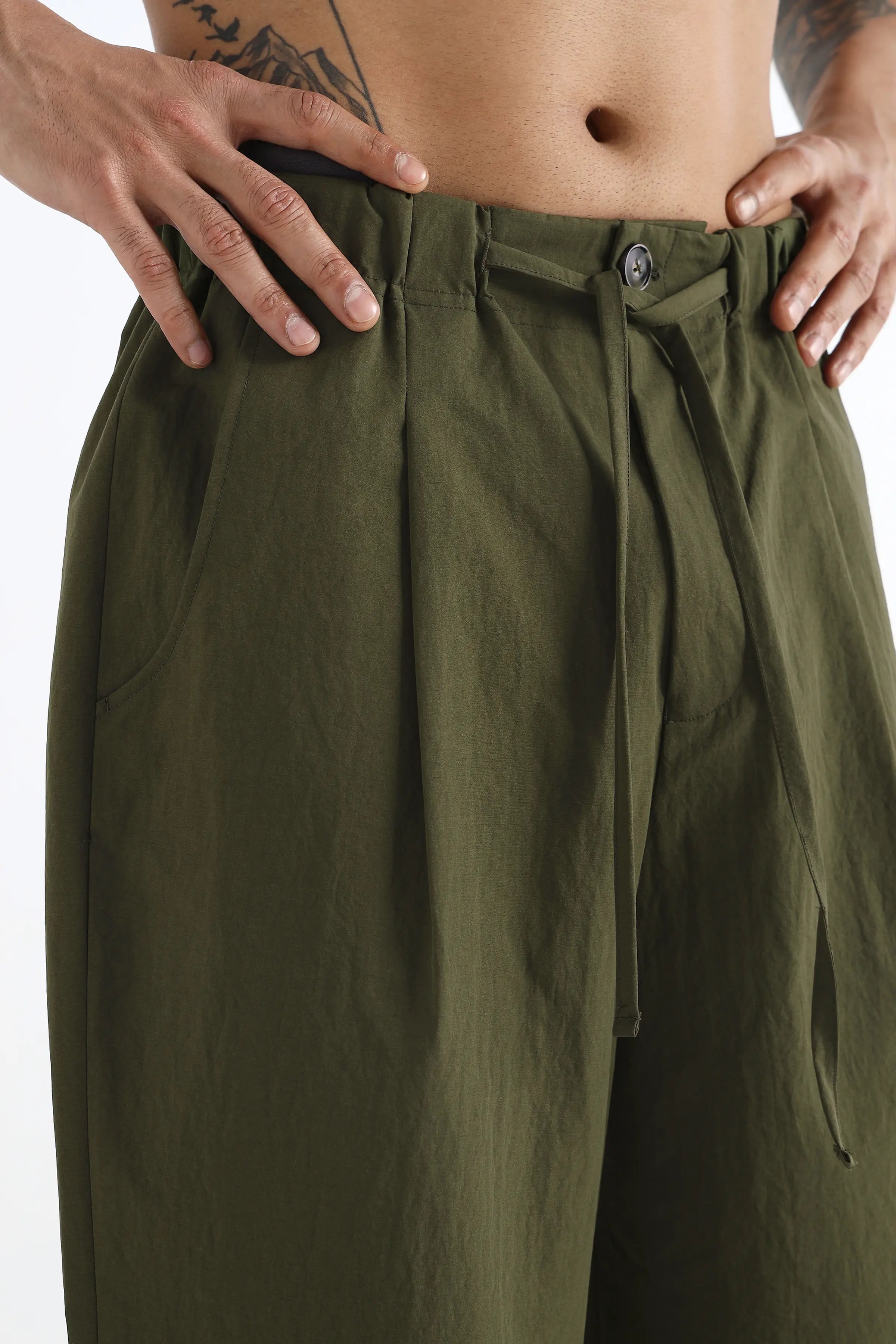 Olive Pleated Loose Fit Trousers