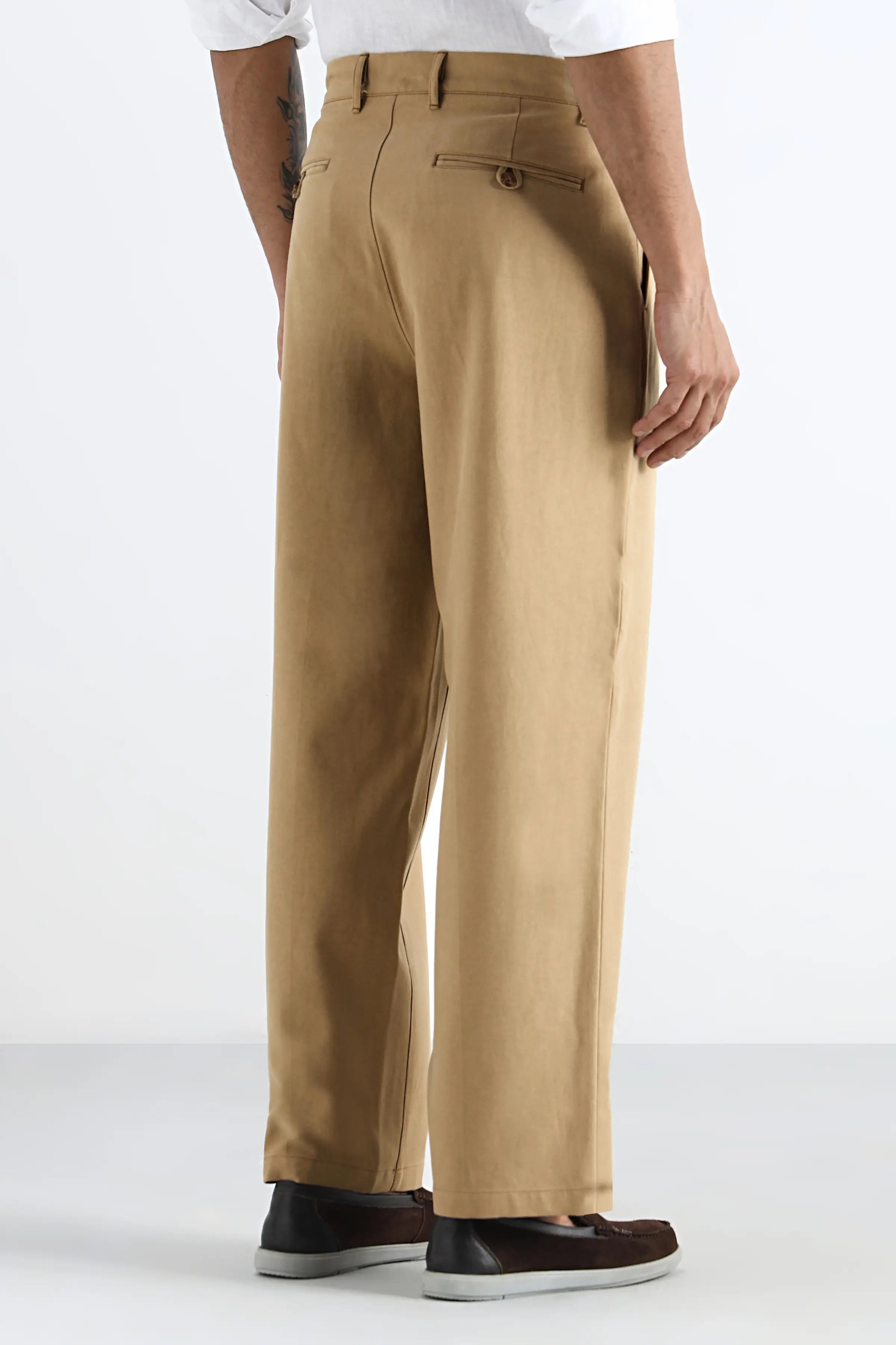 Beige Cotton Pleated Trousers