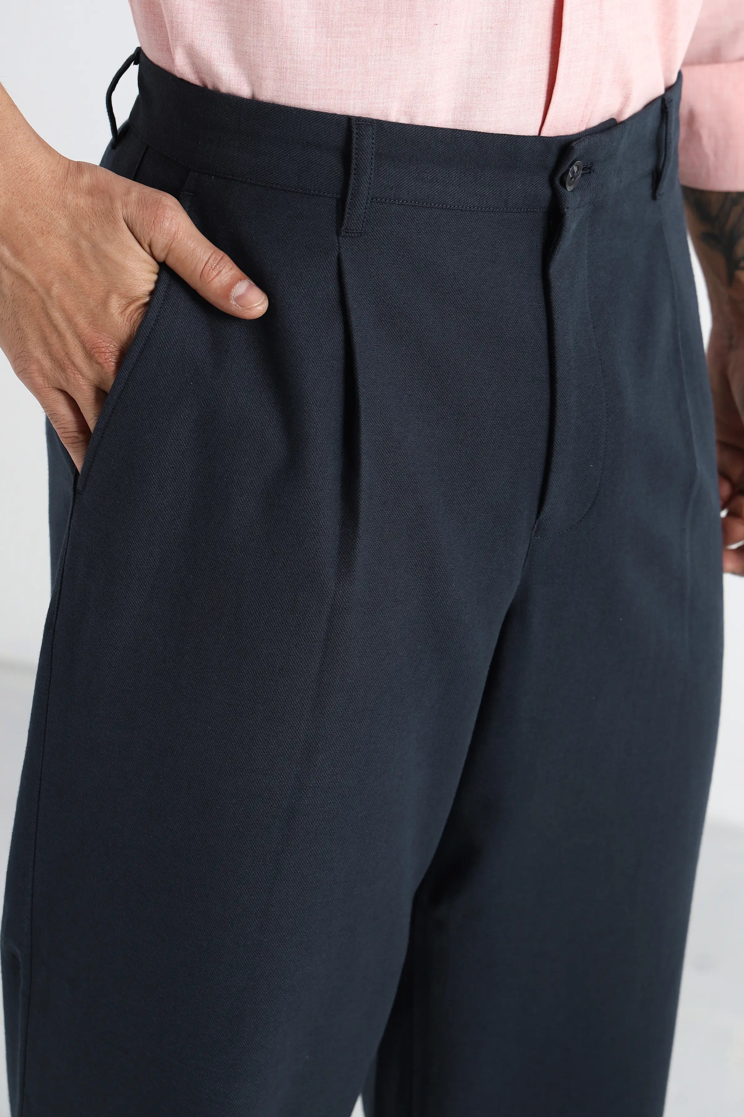 Navy Cotton Pleated Trousers