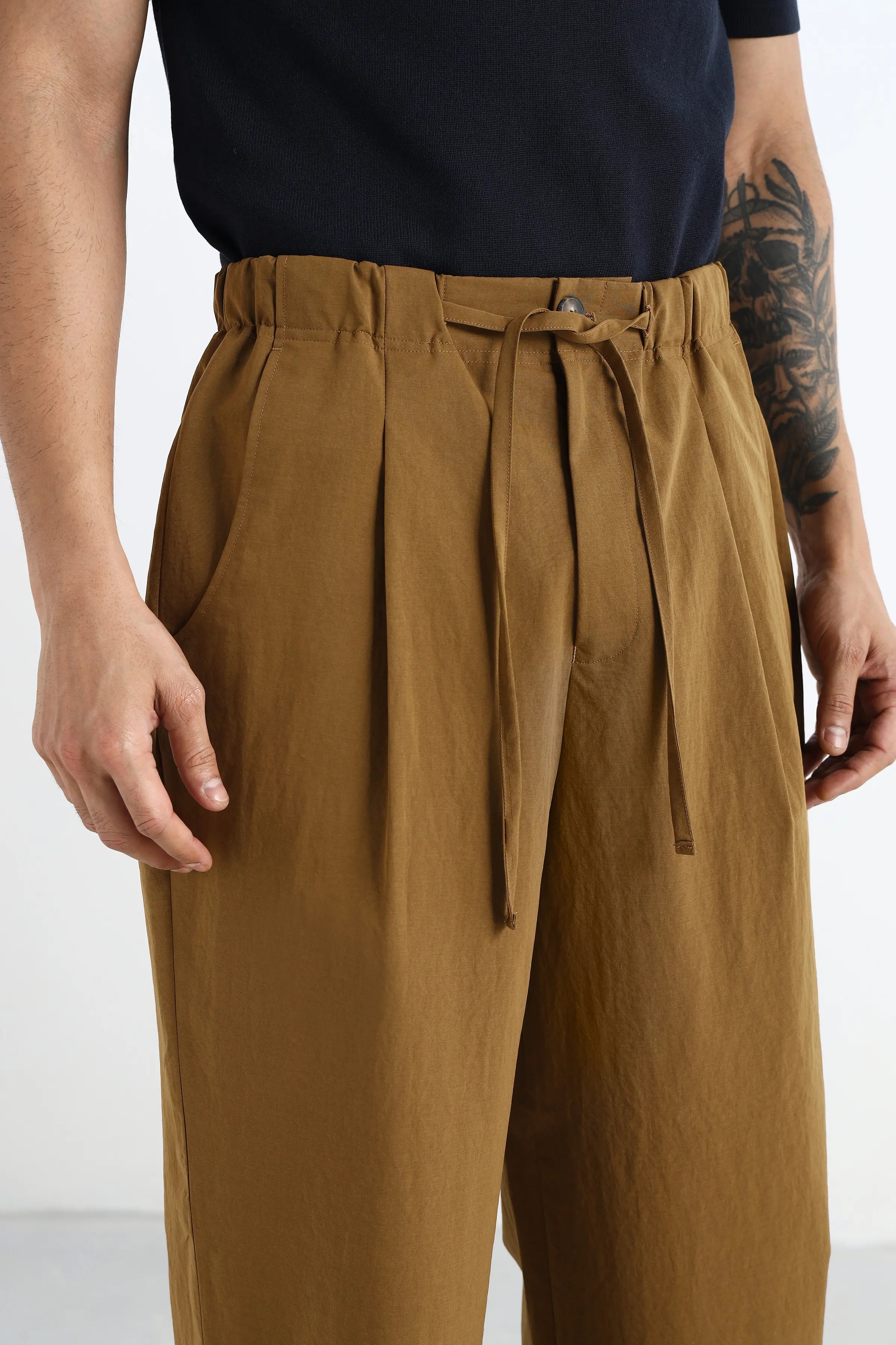 Khaki Pleated Loose Fit Trousers