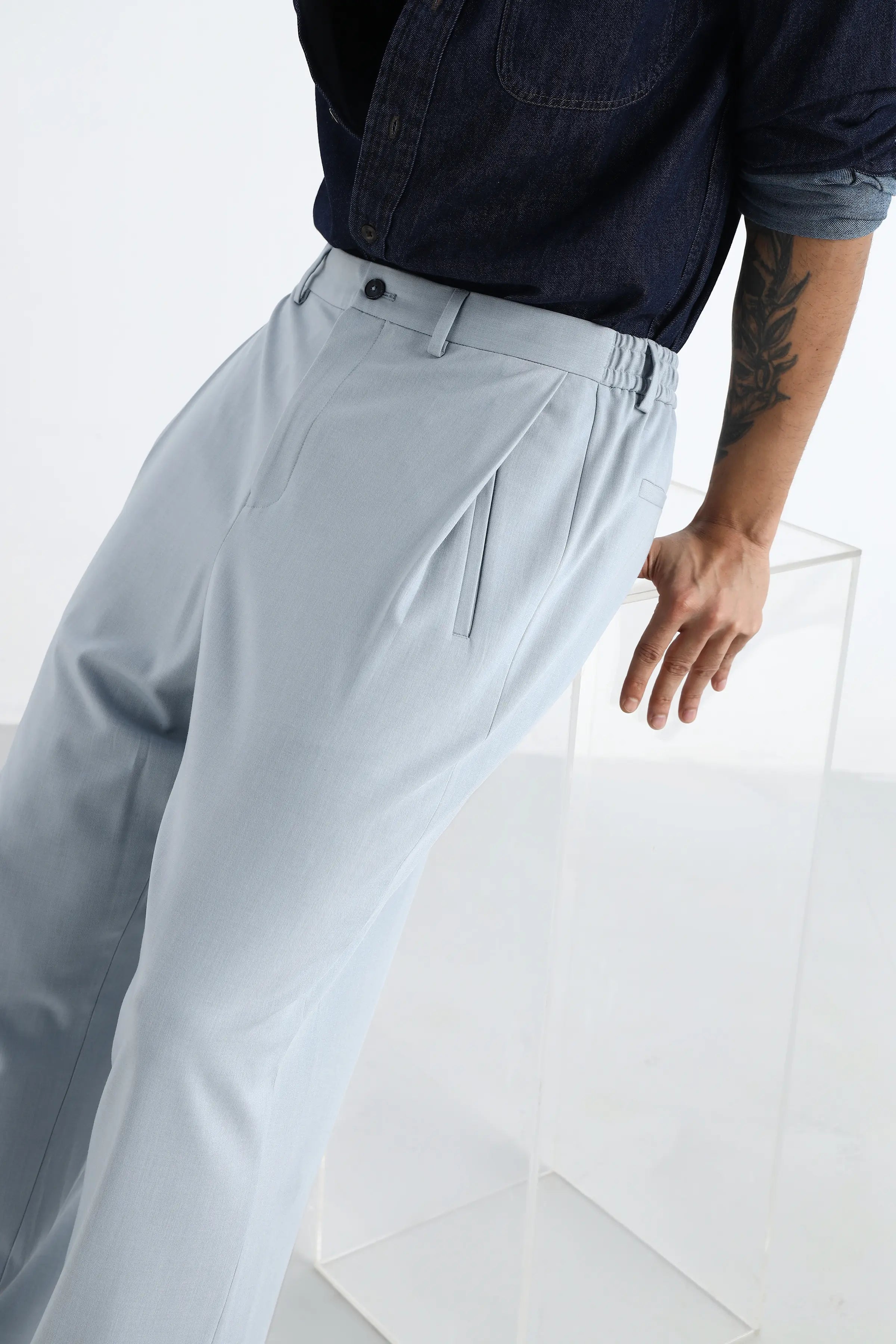 Sky Blue Flowing Trousers with Side Pleats