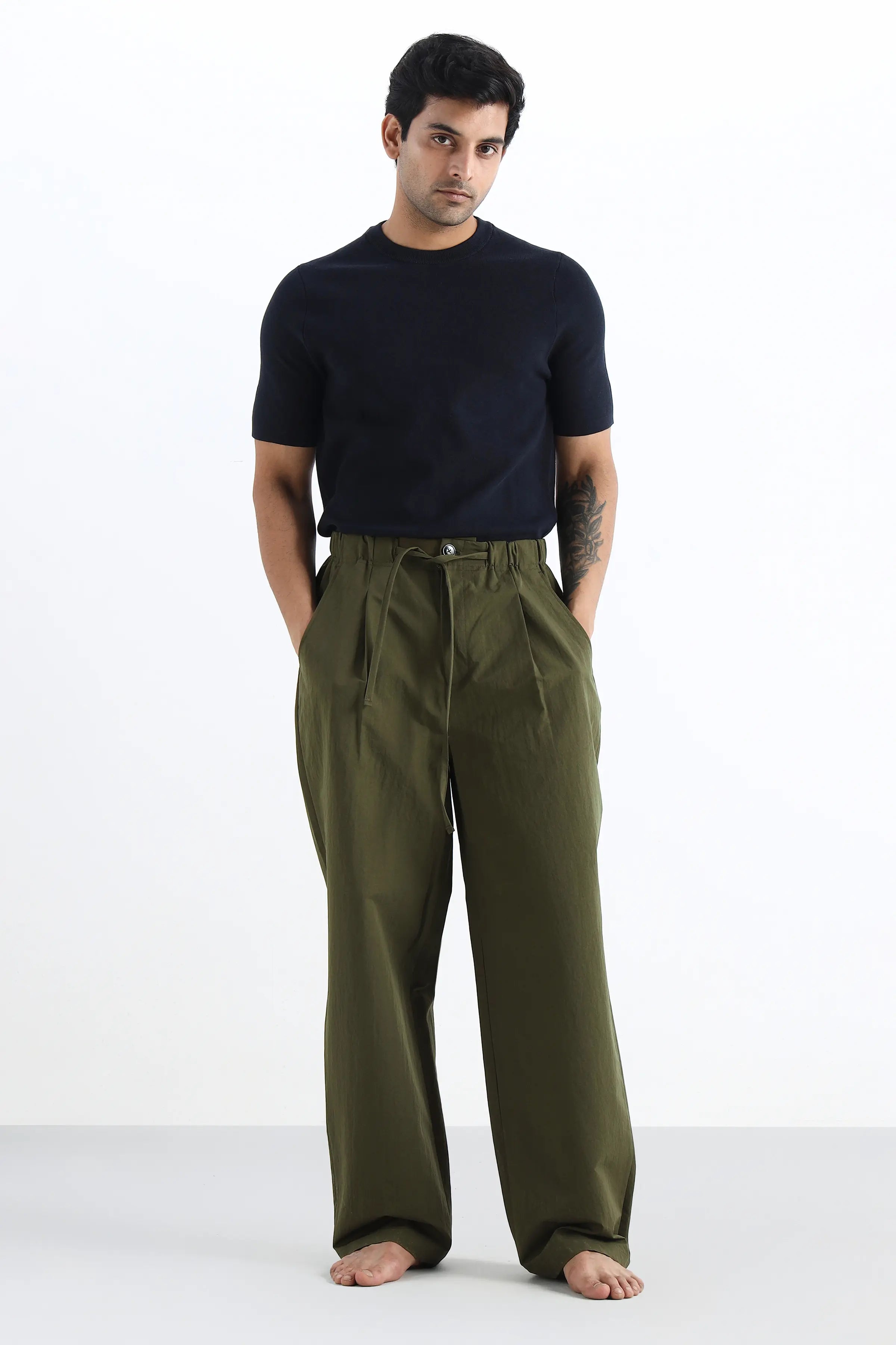 Olive Pleated Loose Fit Trousers