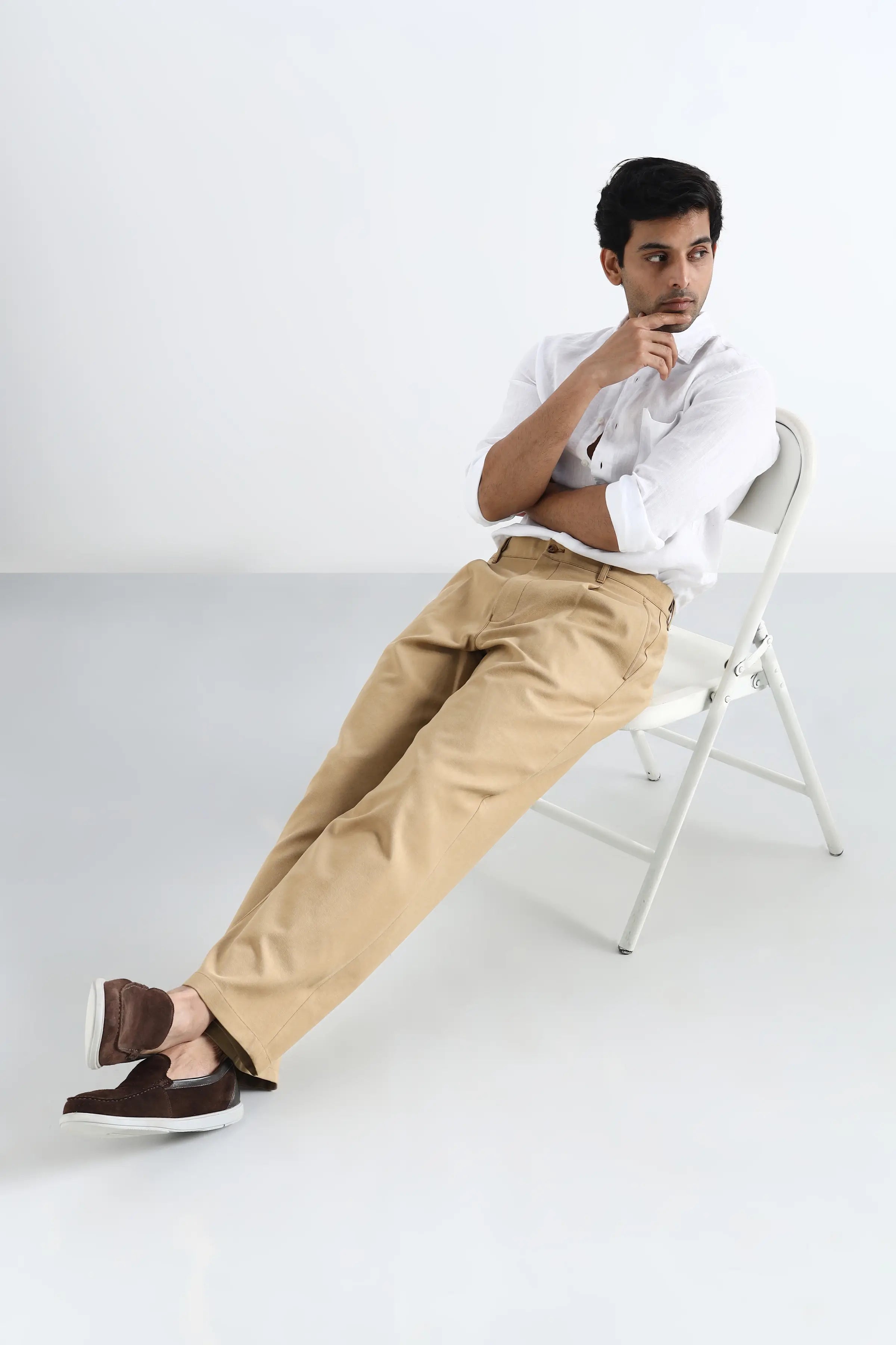Beige Cotton Pleated Trousers