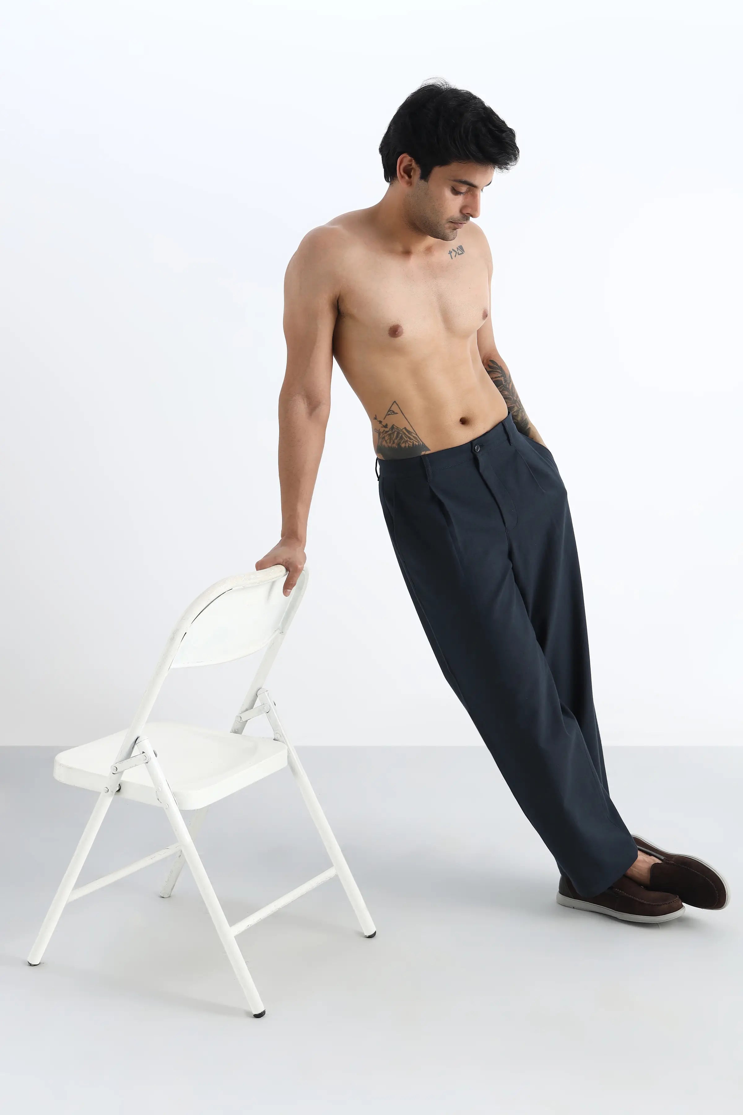 Navy Cotton Pleated Trousers