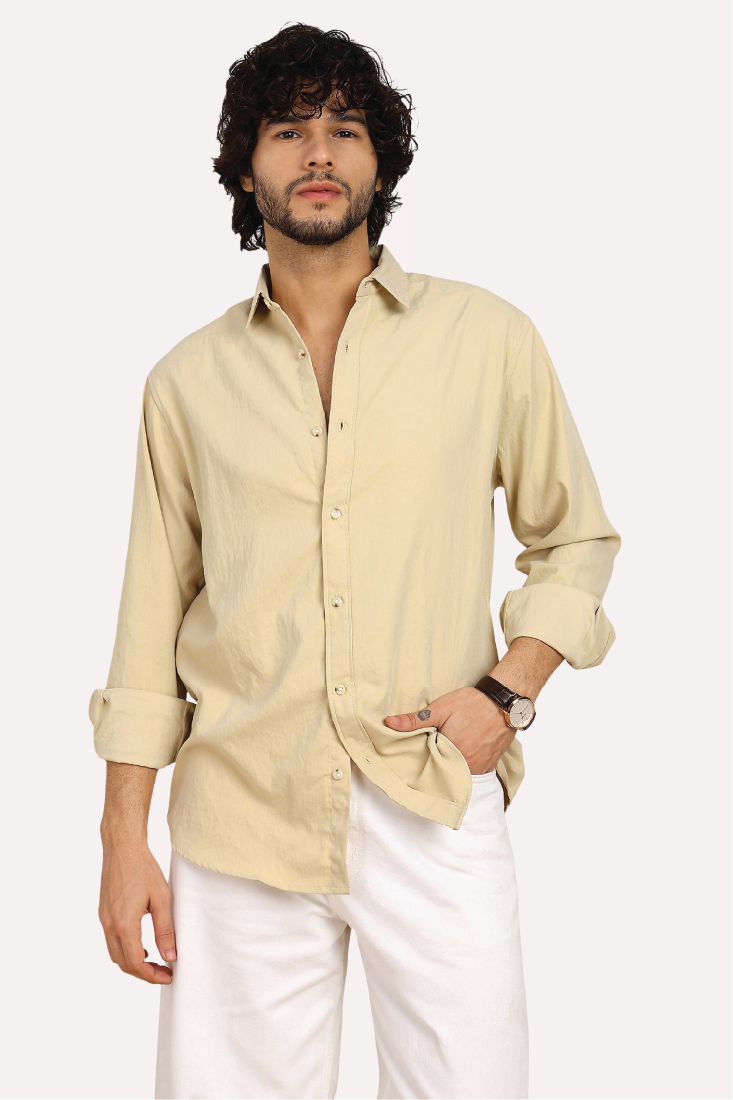 BEIGE CREASED COTTON SHIRT