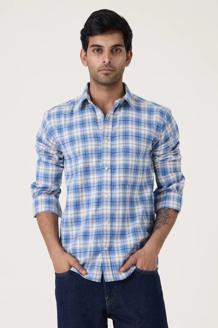 BLUE CHECK BRUSHED COTTON SHIRT