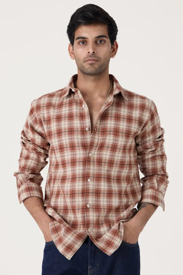TAN CHECK BRUSHED COTTON SHIRT