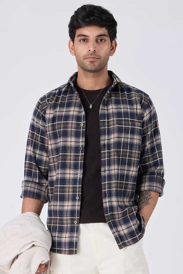 NAVY BRUSHED COTTON CHECK SHIRT