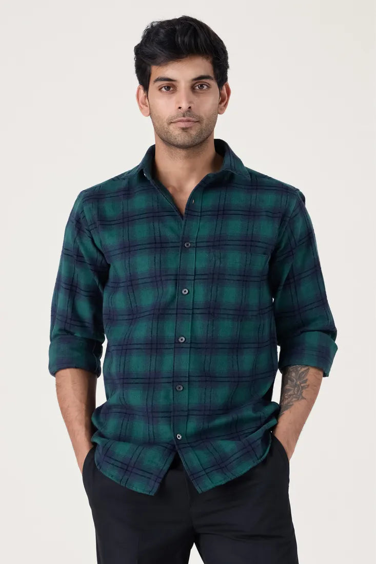 GREEN BRUSHED COTTON CHECK SHIRT
