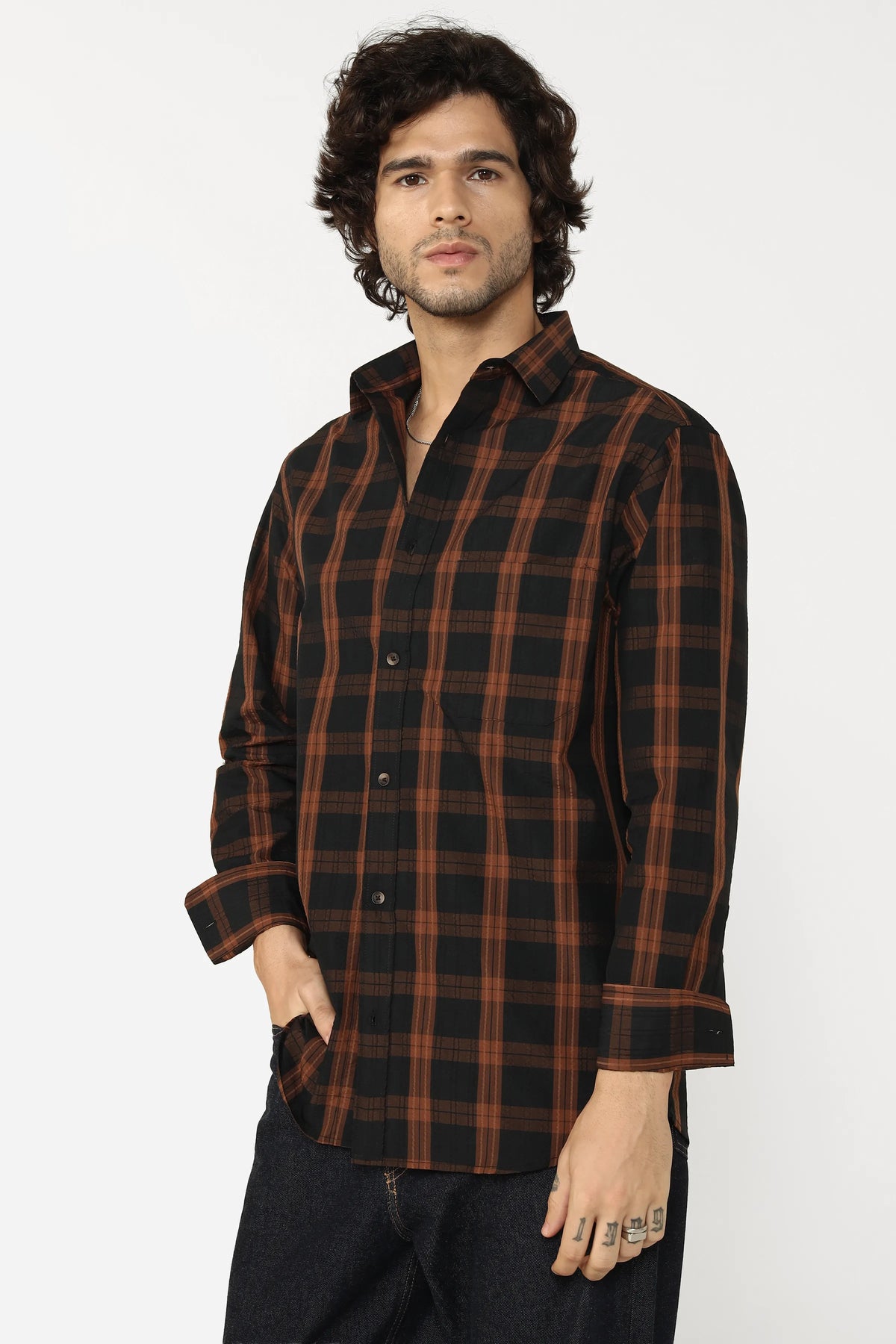 Brown Seersucker Check Shirt