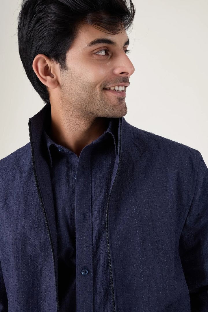 NAVY TEXTURE COTTON JACKET - CRAIG